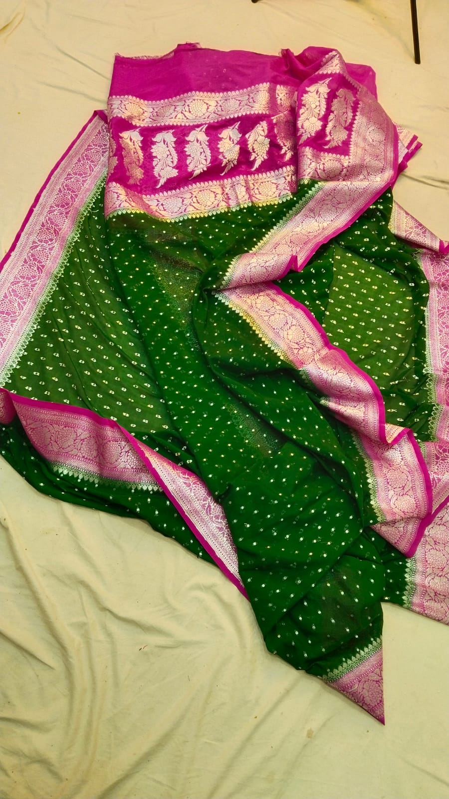 banarasi georgatte katan saree  green and rani