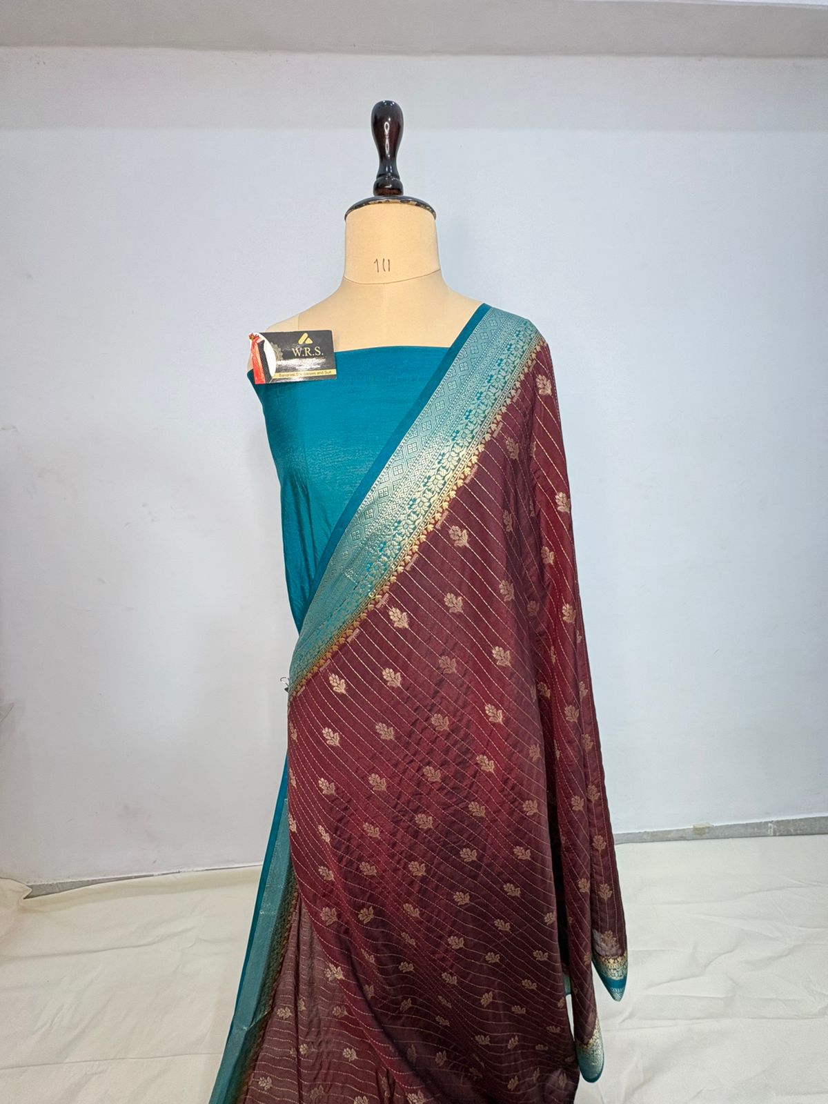 firozi garnet katan silk saree lite water zari