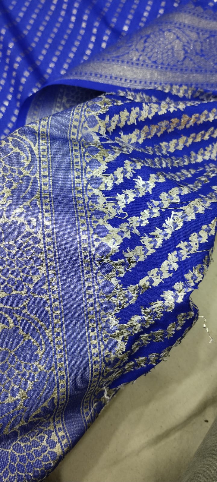 banarasi geargatte katan saree color royal blue silwar zari aolwer buti full size
