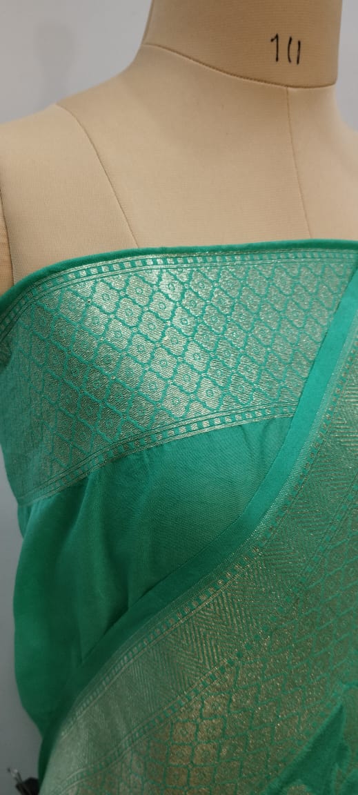 banarasi georgatte katan soft saree silwar zari color sigreen