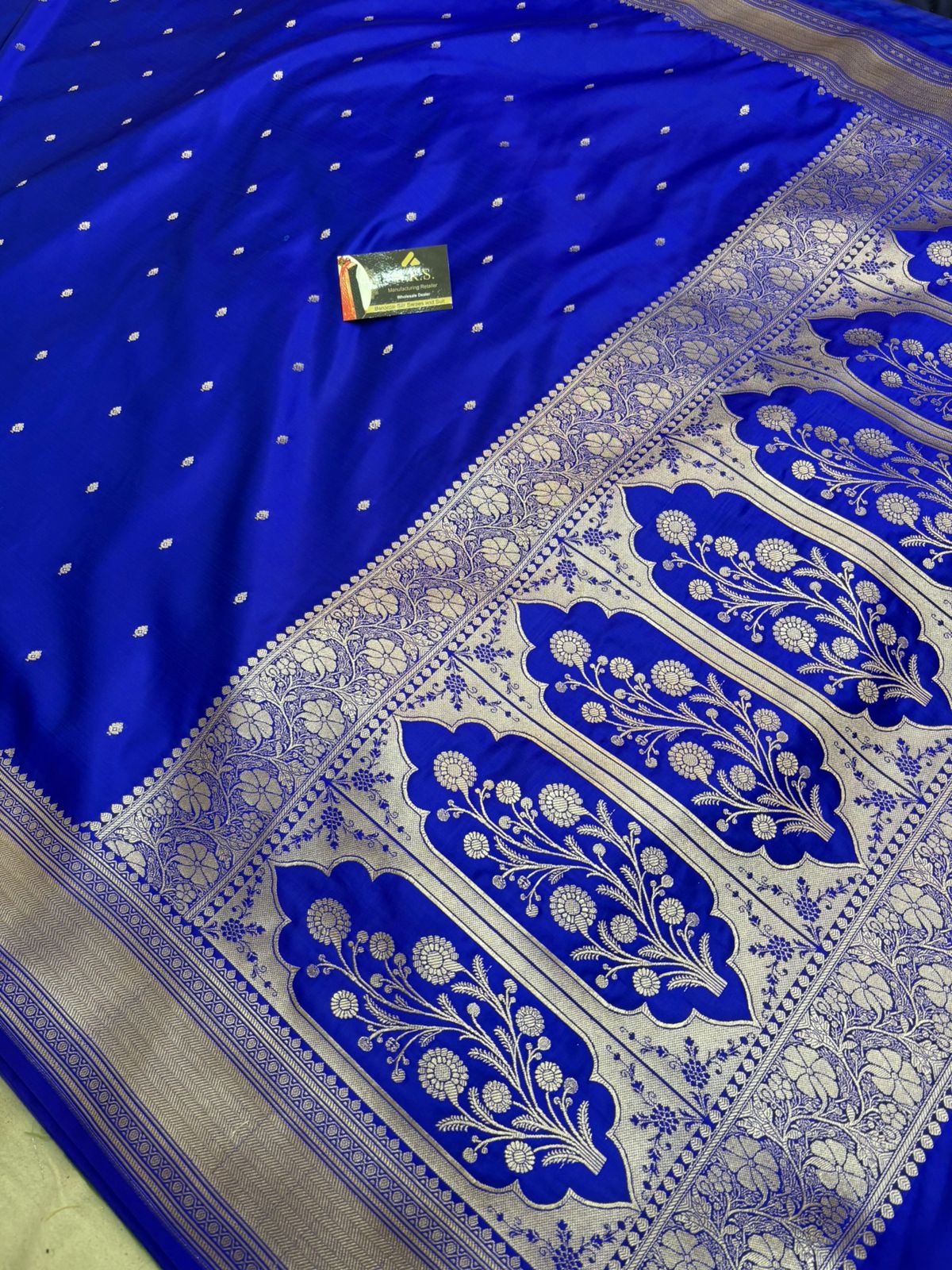 banarasi katan masroom silk royal blue buti copure zari