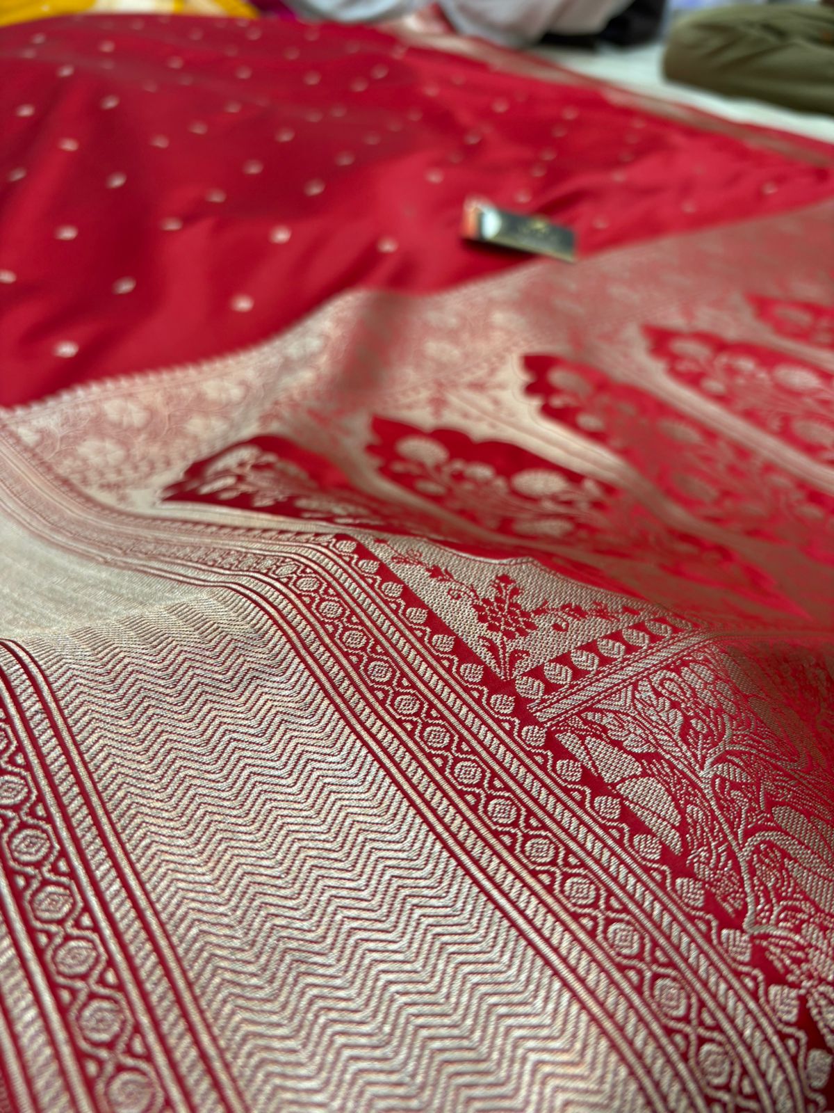 banarasi katan silk  masroom Red booti copur zari