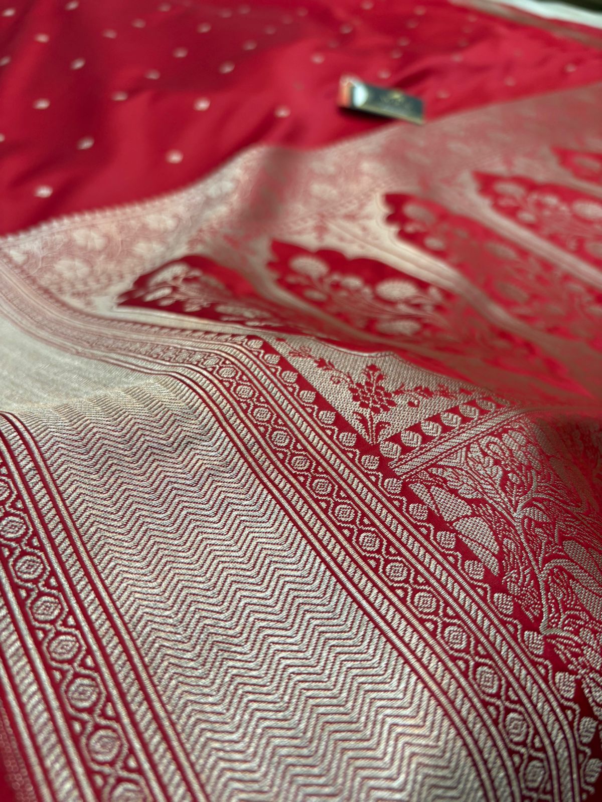 banarasi katan silk  masroom Red booti copur zari
