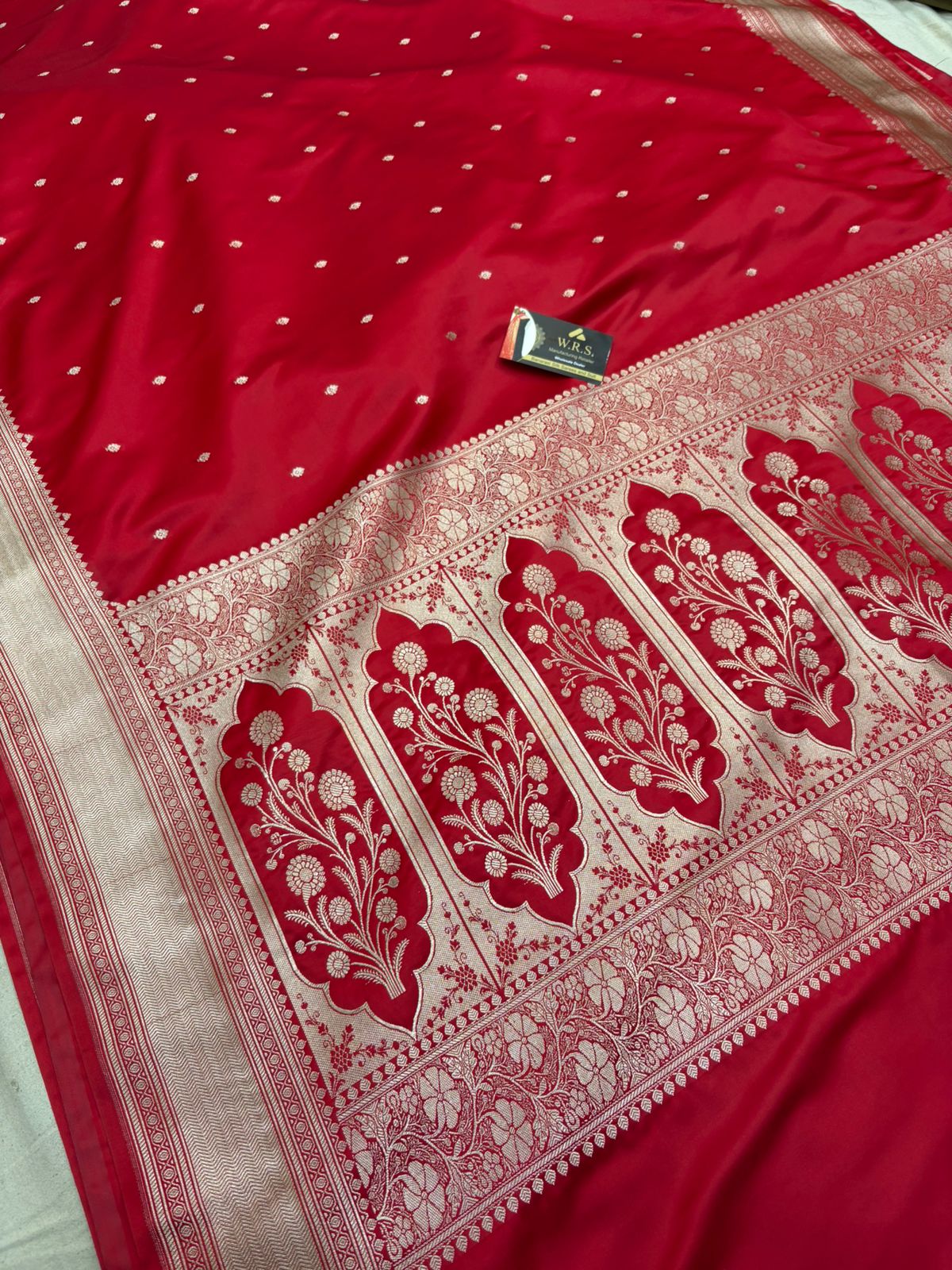 banarasi katan silk  masroom Red booti copur zari
