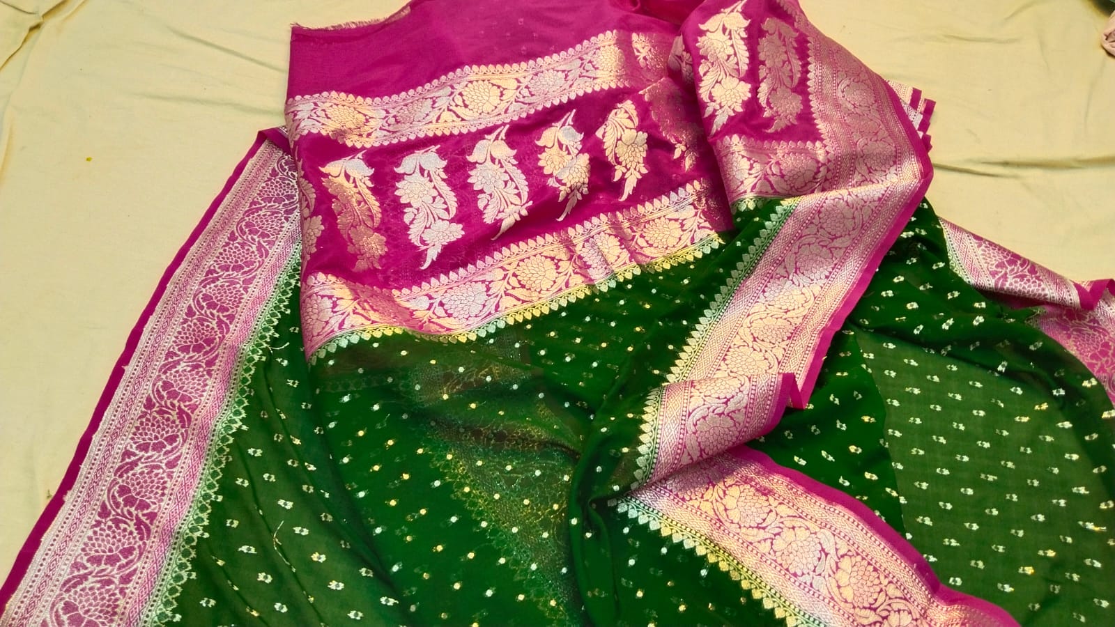 banarasi georgatte katan saree  green and rani