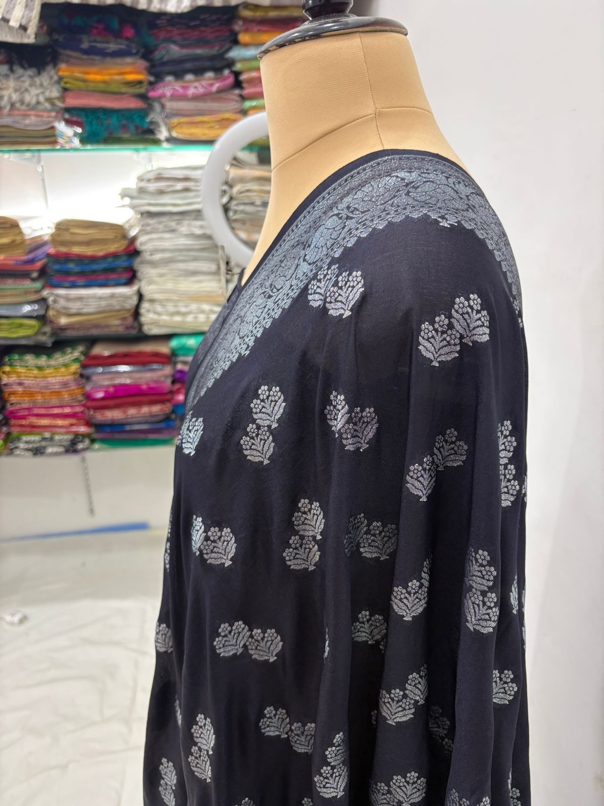 black katan georgutte saree double booti silver zarii