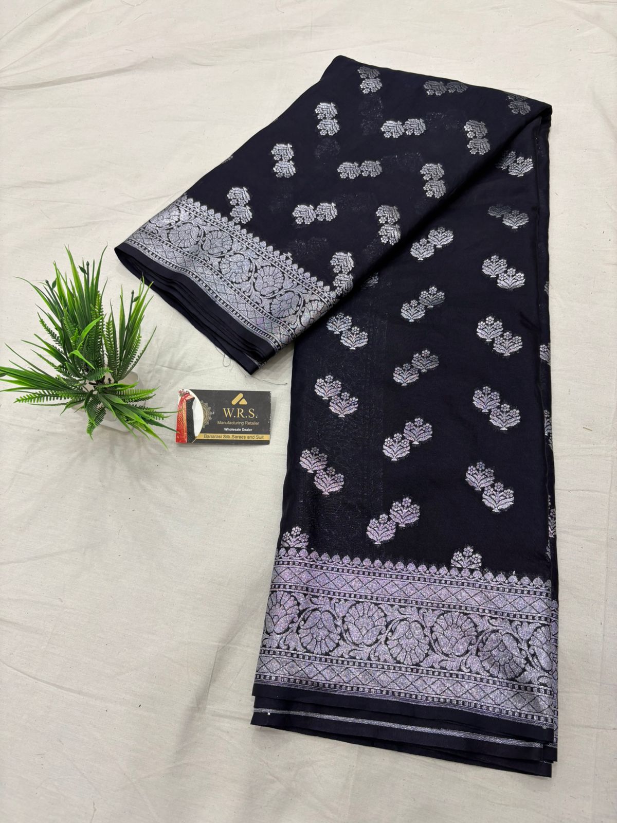 black katan georgutte saree double booti silver zarii