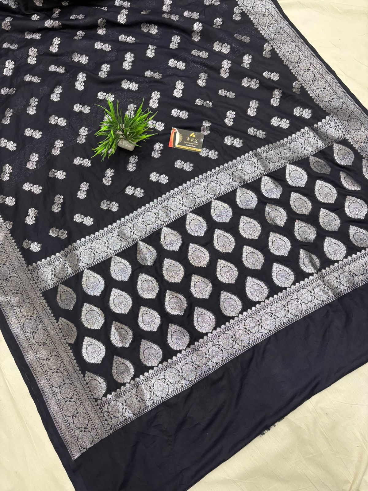 black katan georgutte saree double booti silver zarii