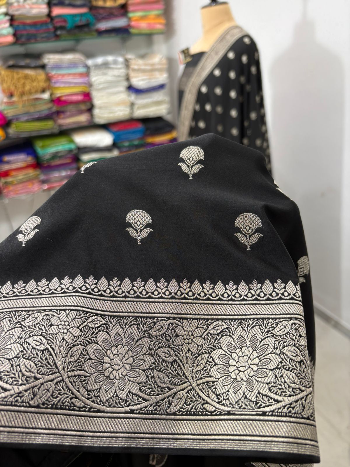 black mushru banarasi soft saree buti