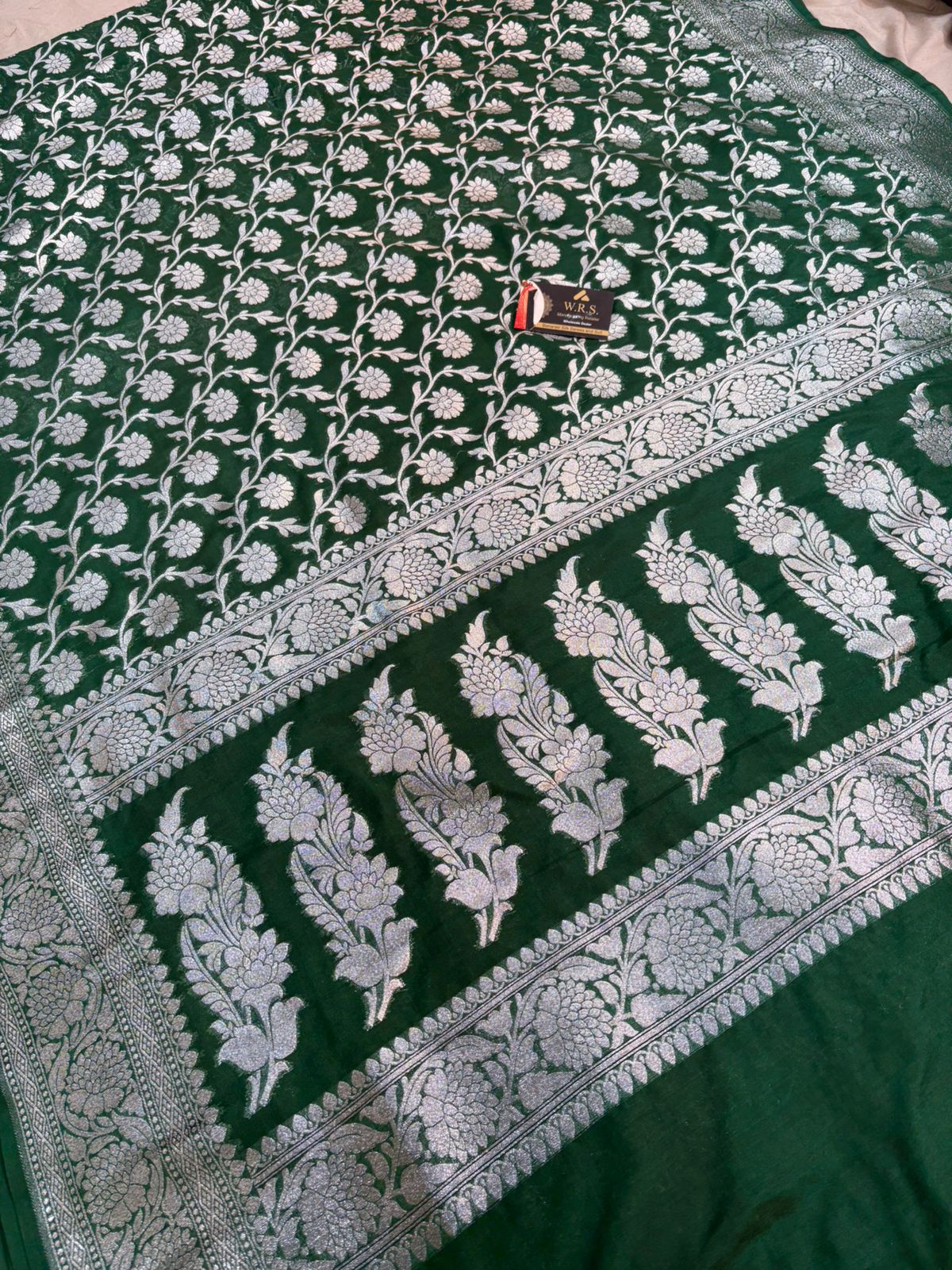 Botal green katan banarasi silk saree  jal kalna aanchal