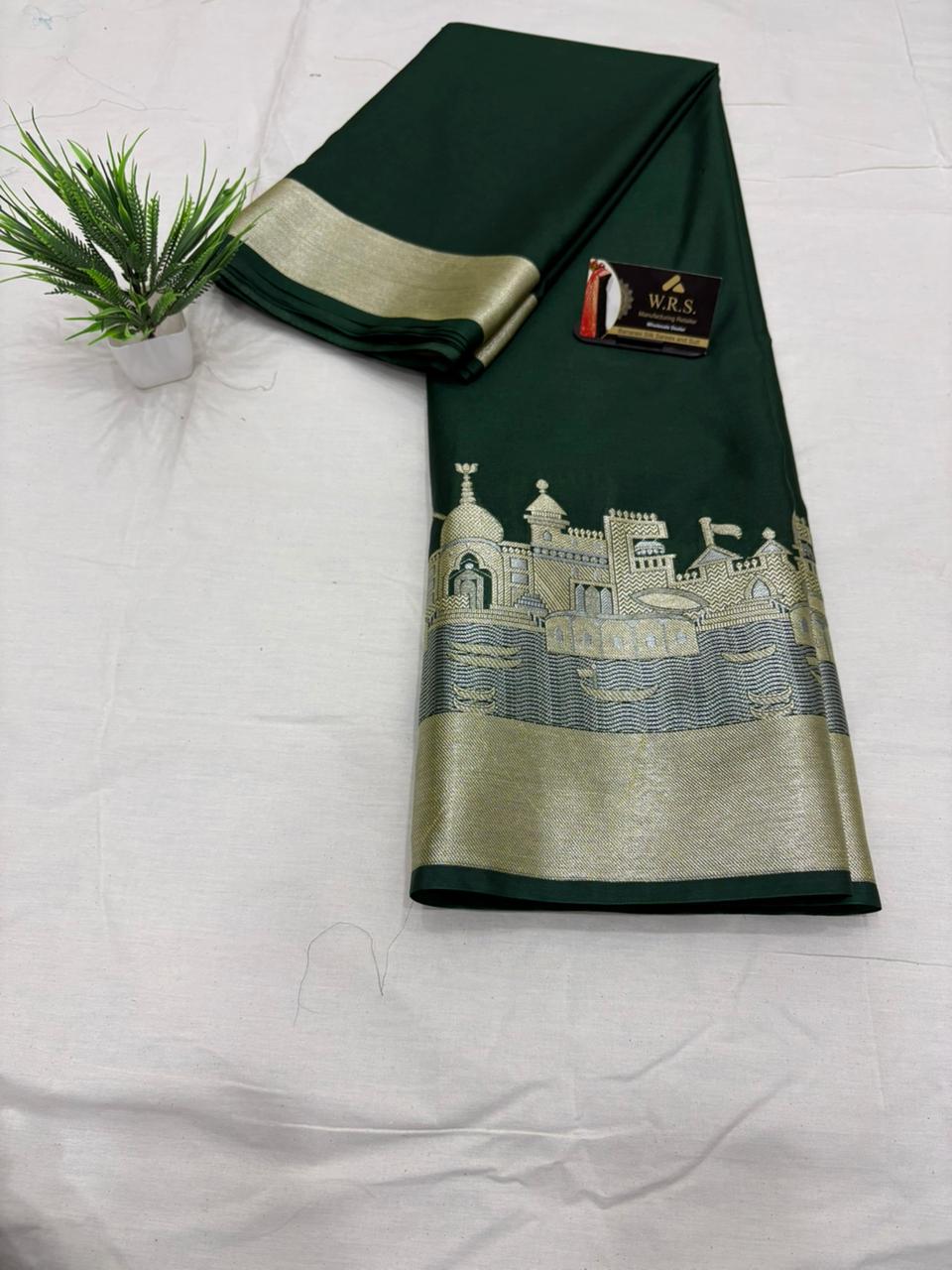bottal green ghat katan silk shine saree