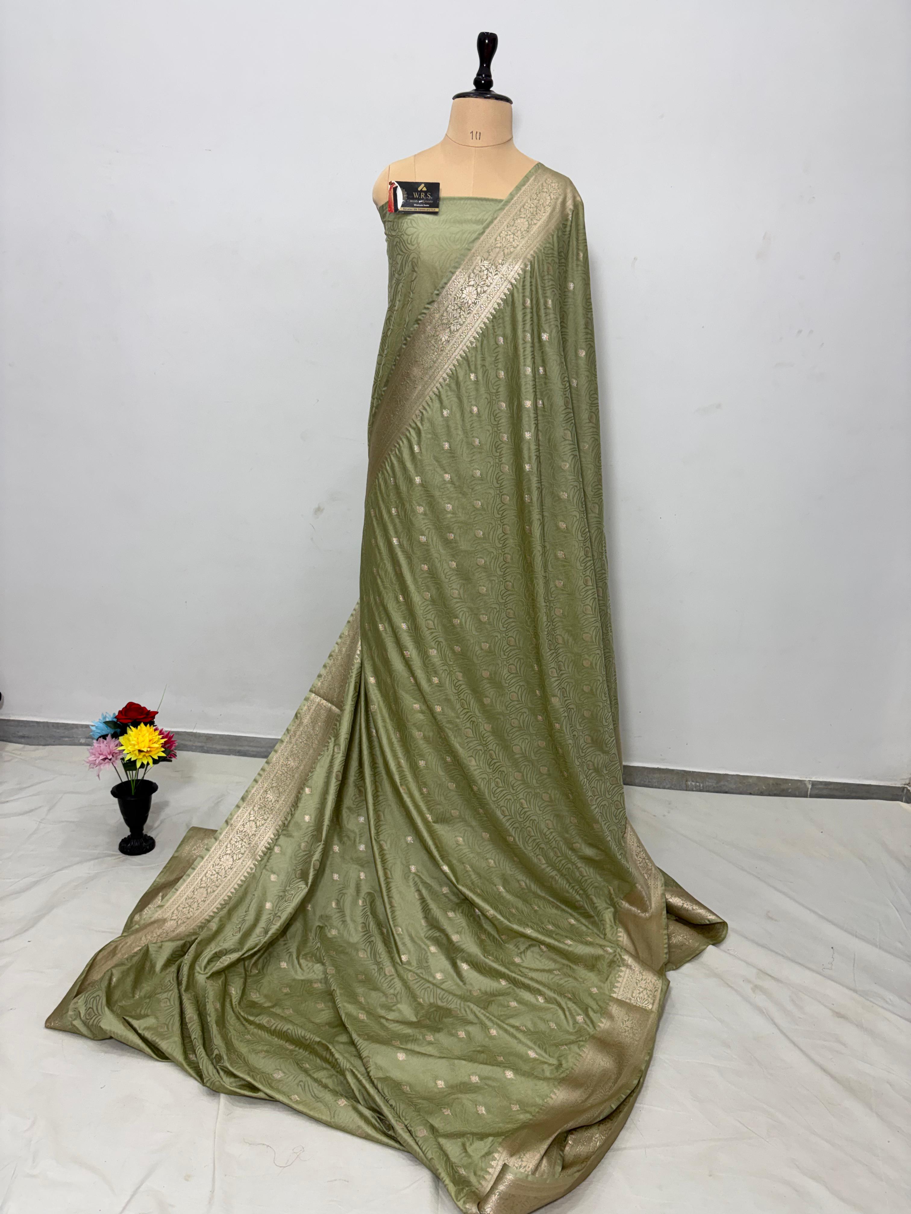 dark pista tanchhui booti  tussar katan banarasi silk saree