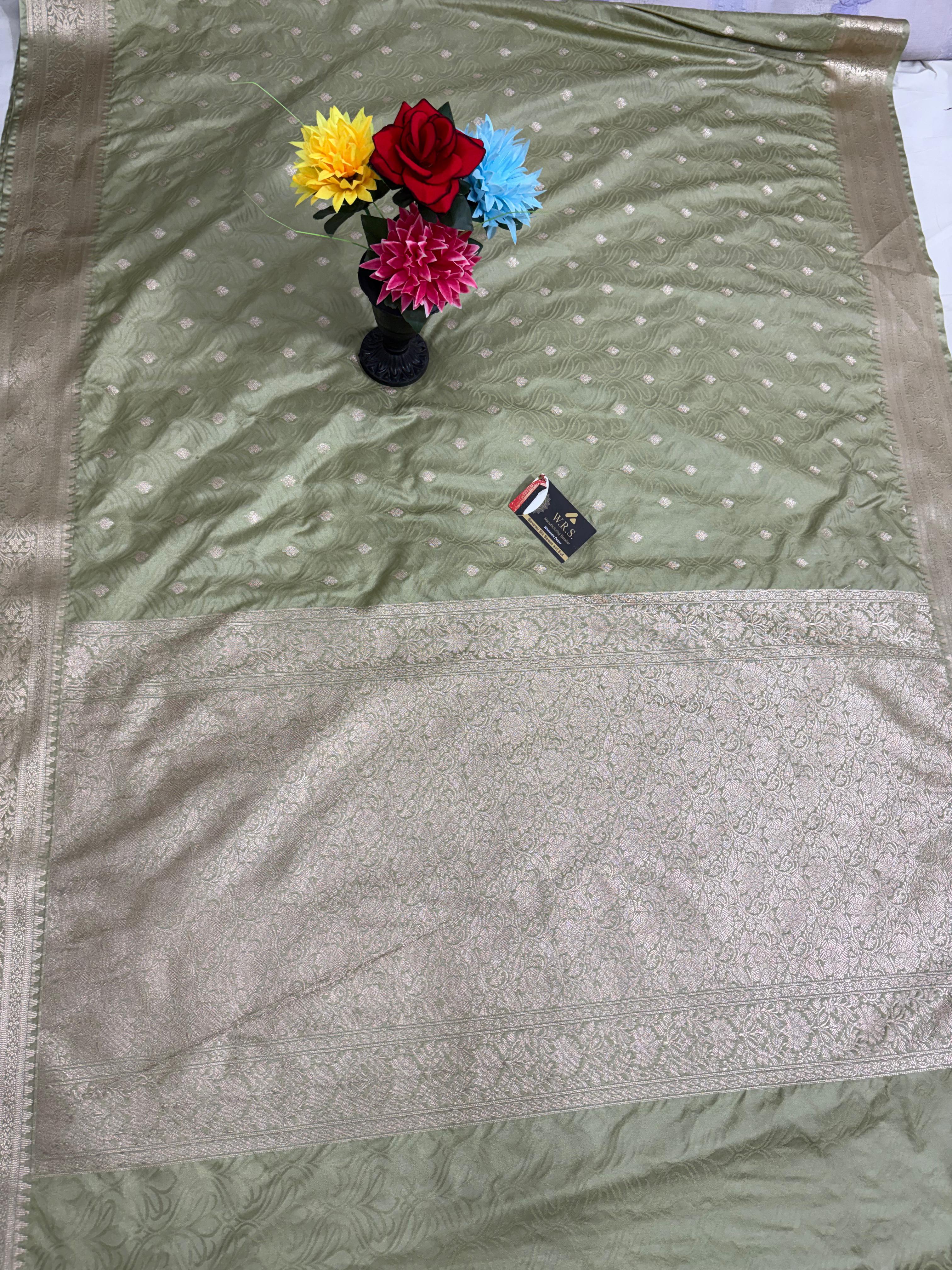 dark pista tanchhui booti  tussar katan banarasi silk saree