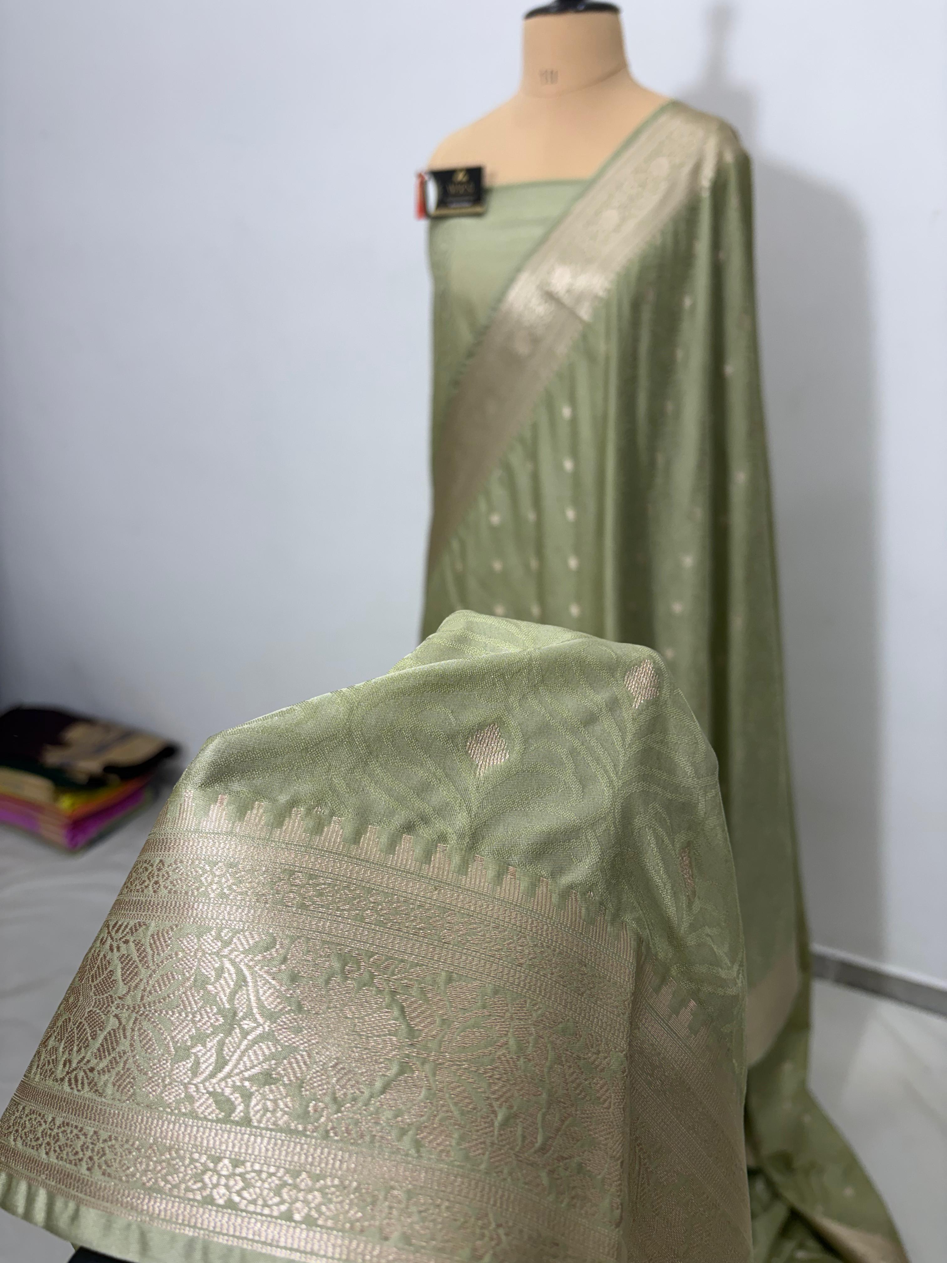 dark pista tanchhui booti  tussar katan banarasi silk saree