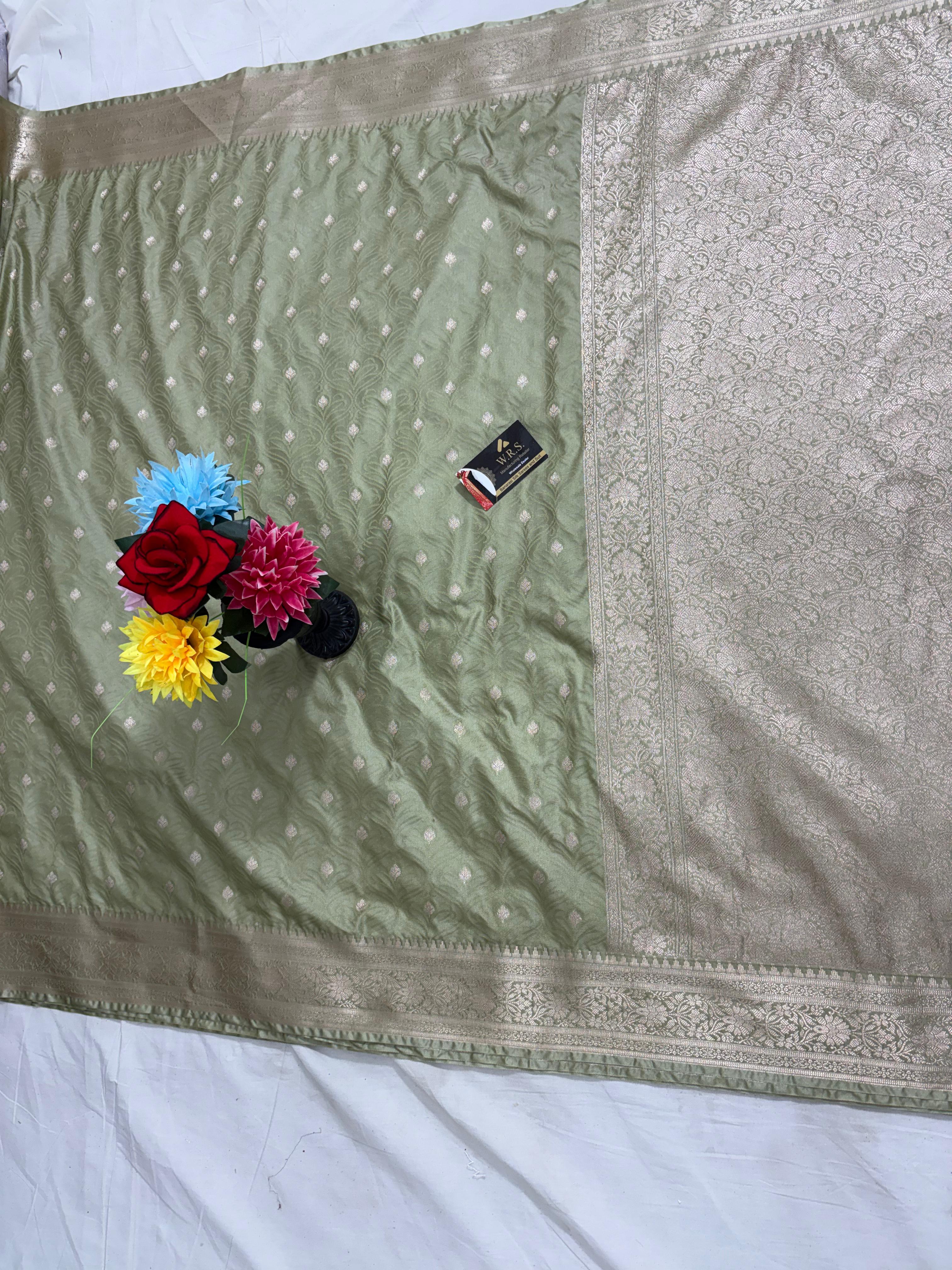 dark pista tanchhui booti  tussar katan banarasi silk saree