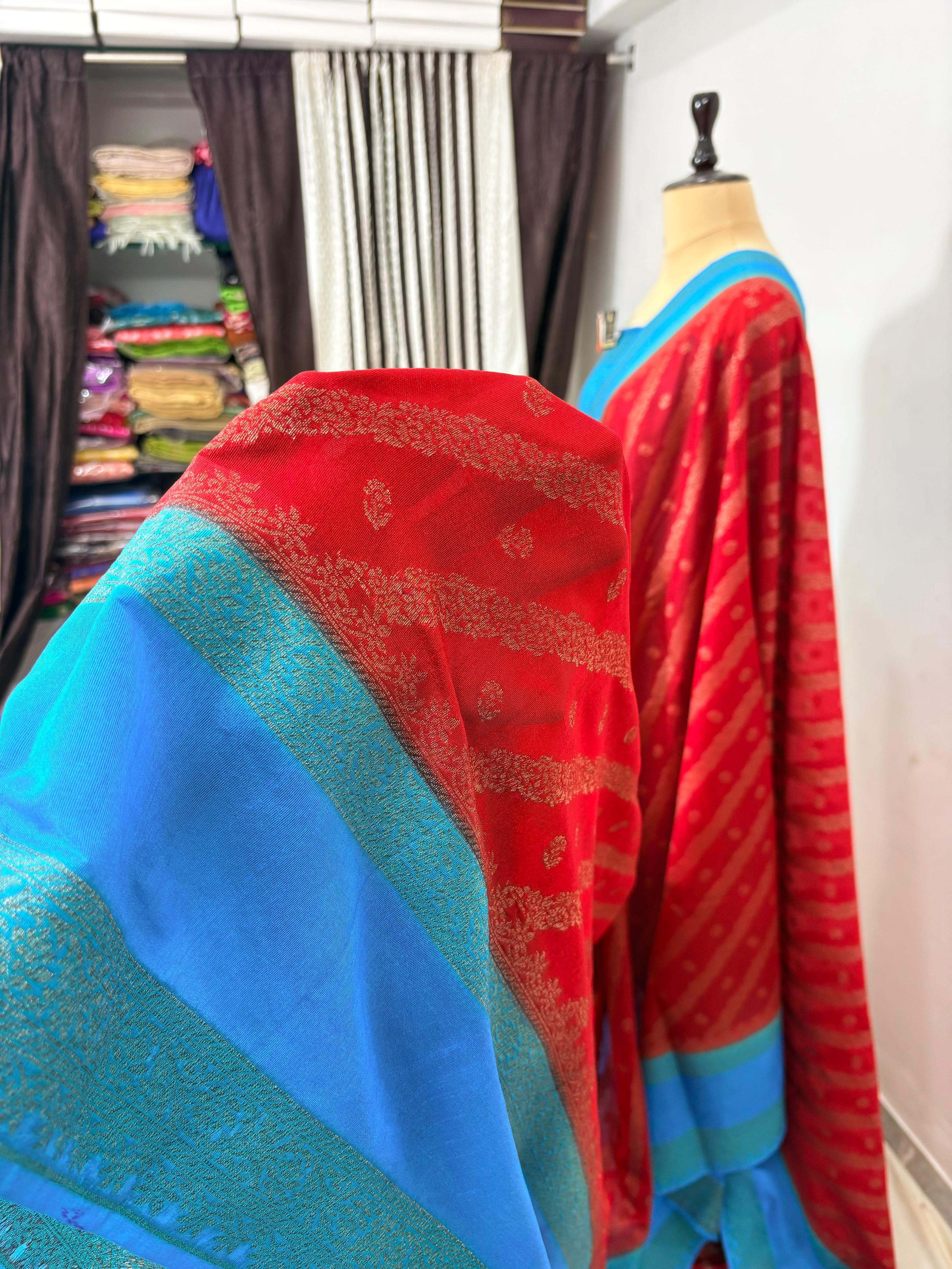 firozi red worm banarasi silk saree ada booti