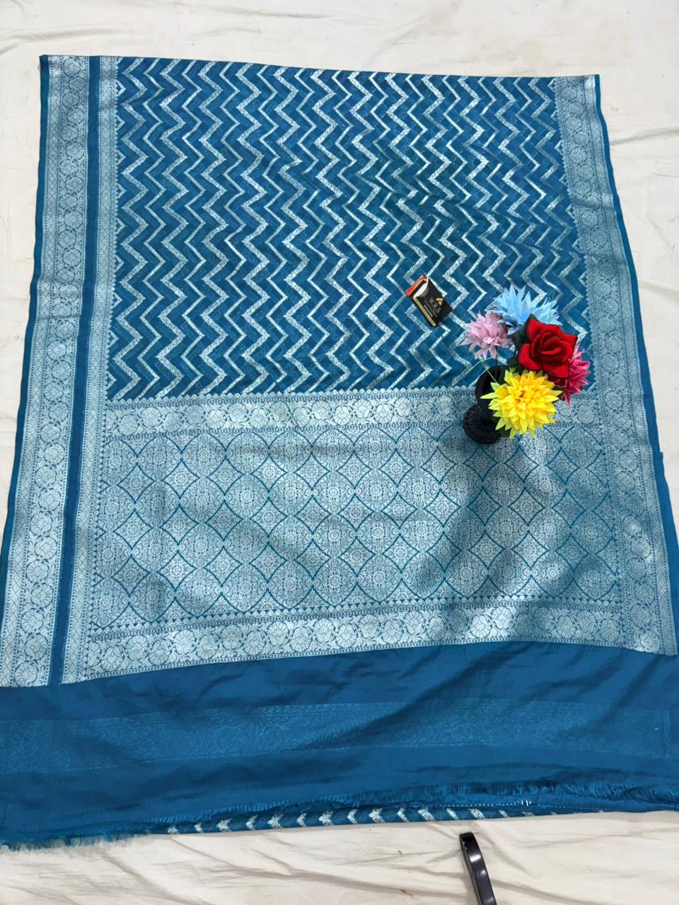 Firozi zigzag katan georgette banarasi silk saree
