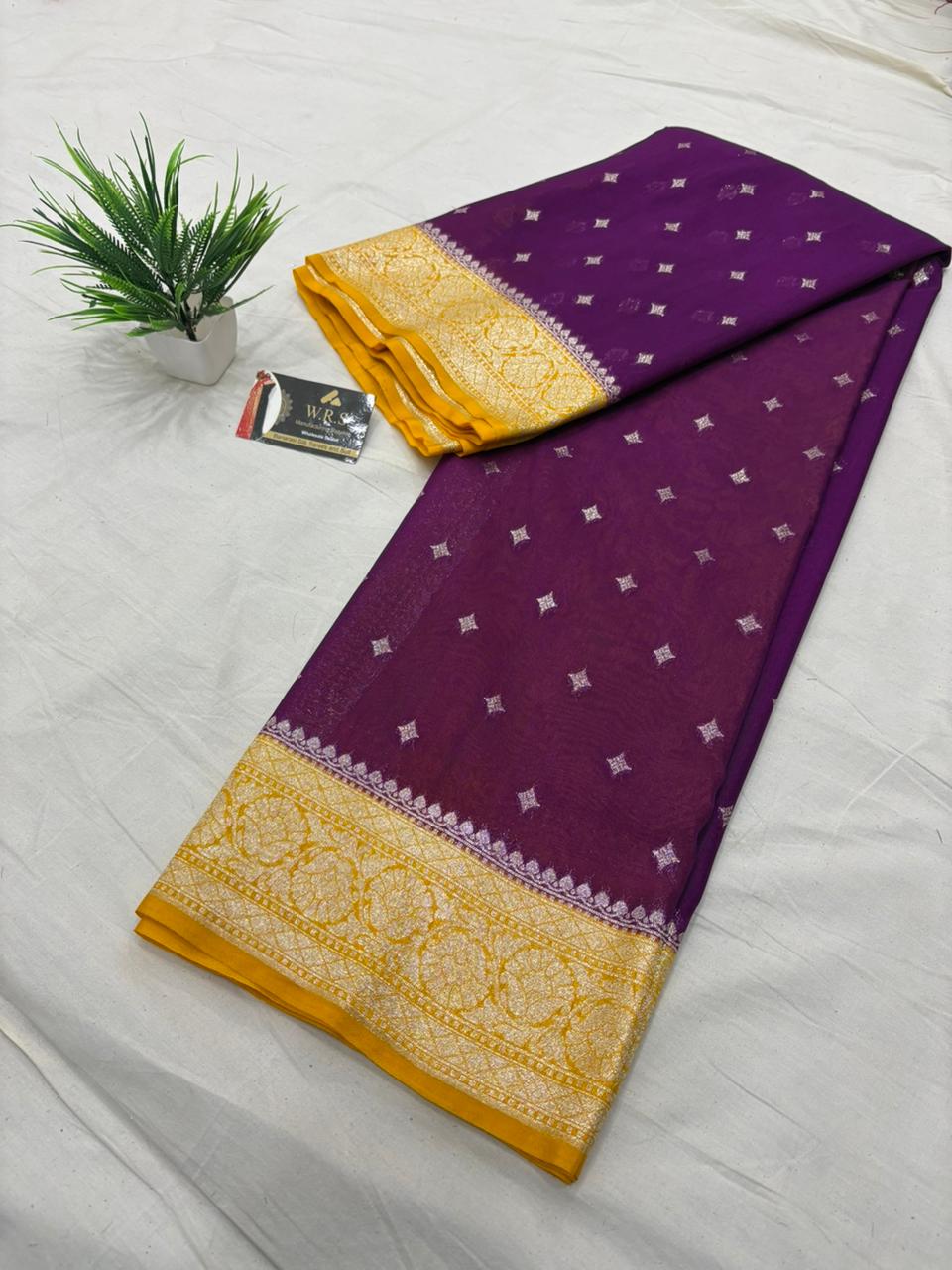 gold magenta katan georgutte saree star booti