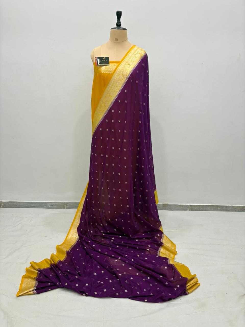 gold magenta katan georgutte saree star booti