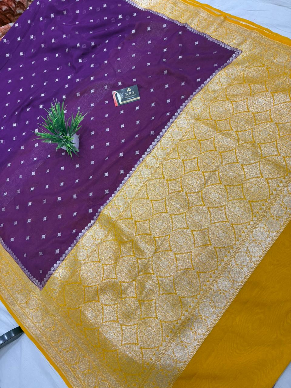 gold magenta katan georgutte saree star booti