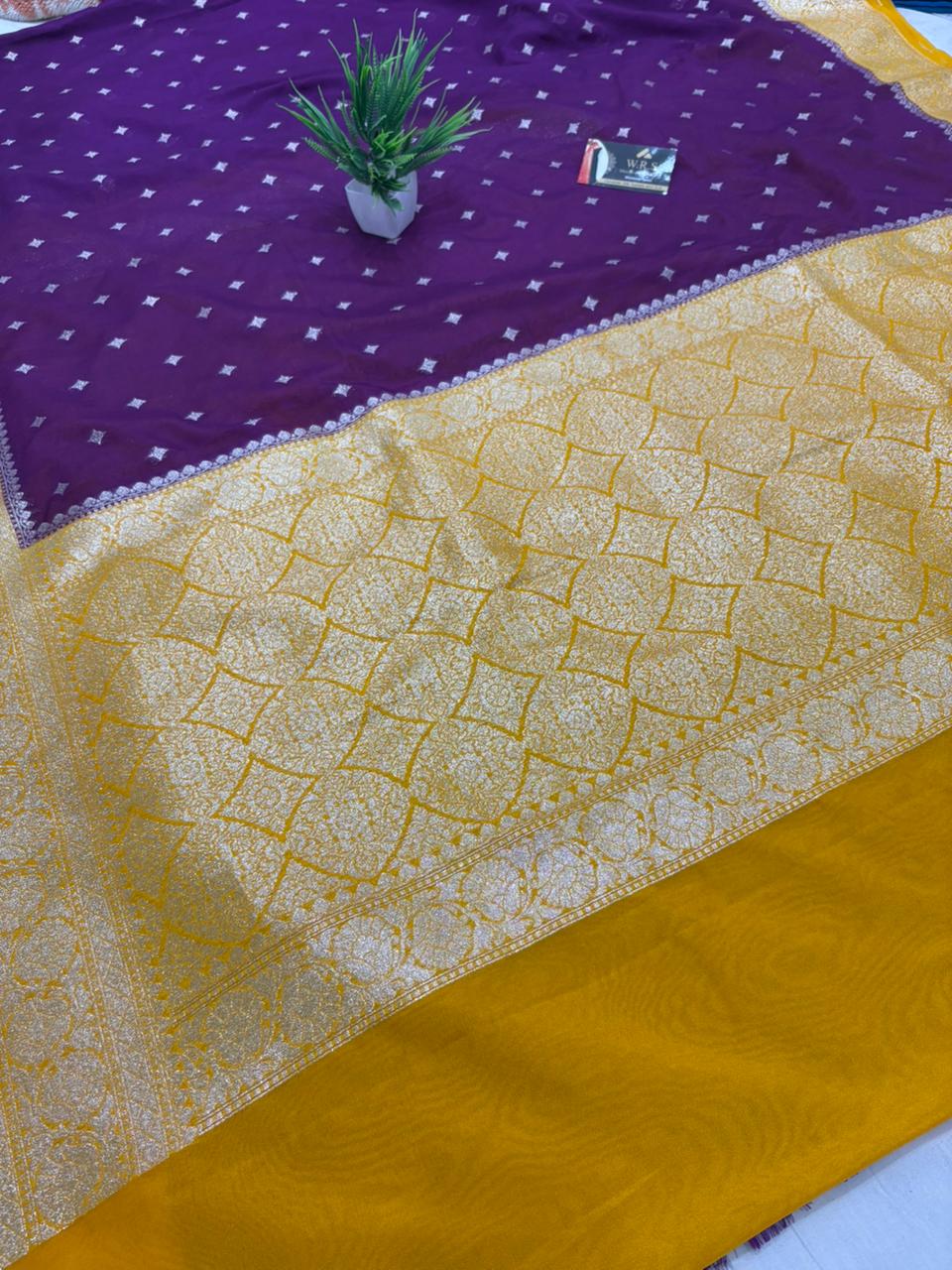 gold magenta katan georgutte saree star booti