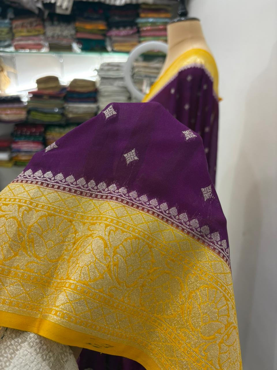 gold magenta katan georgutte saree star booti