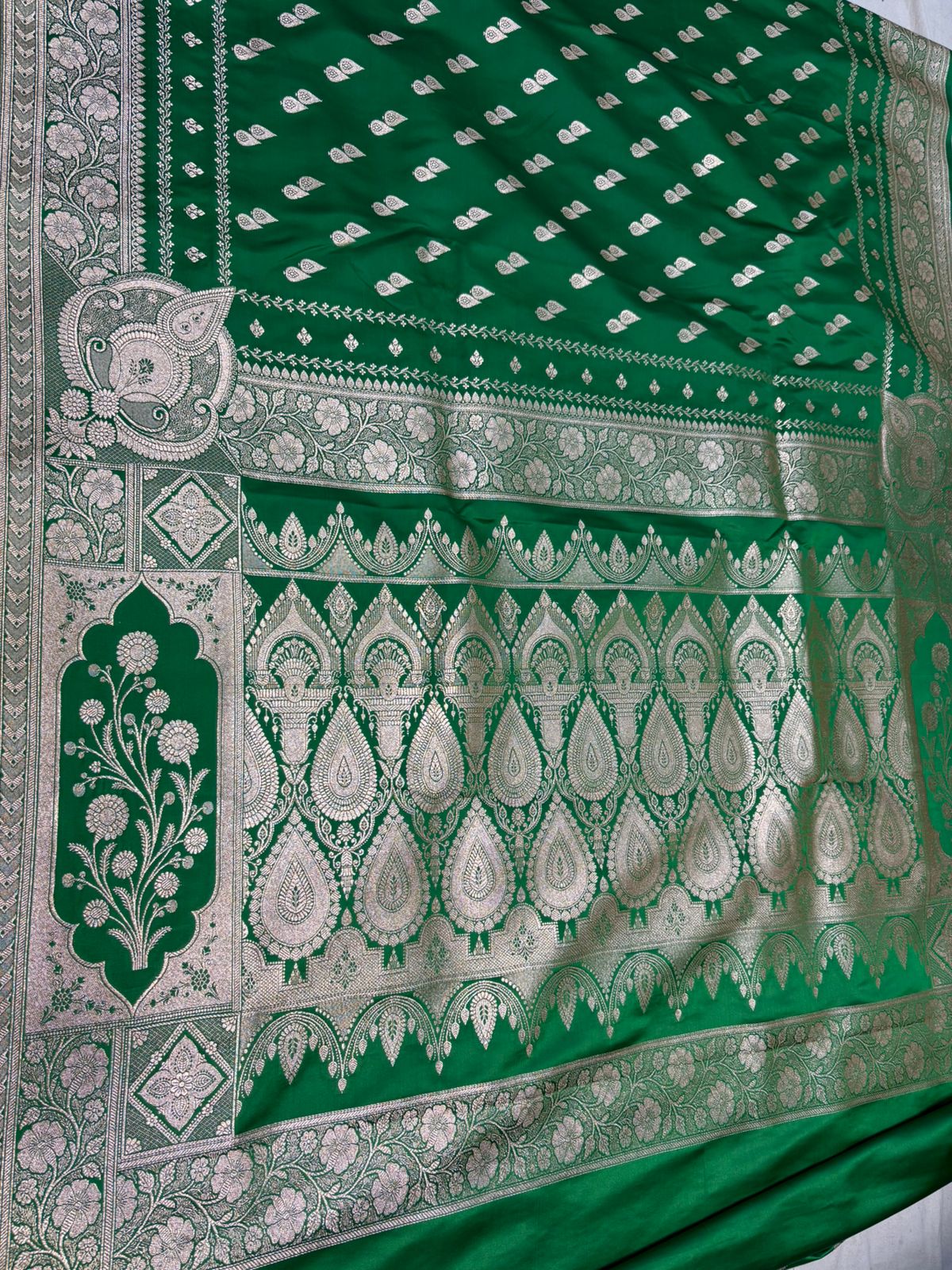 green katan satin banarasi silk saree copur zari