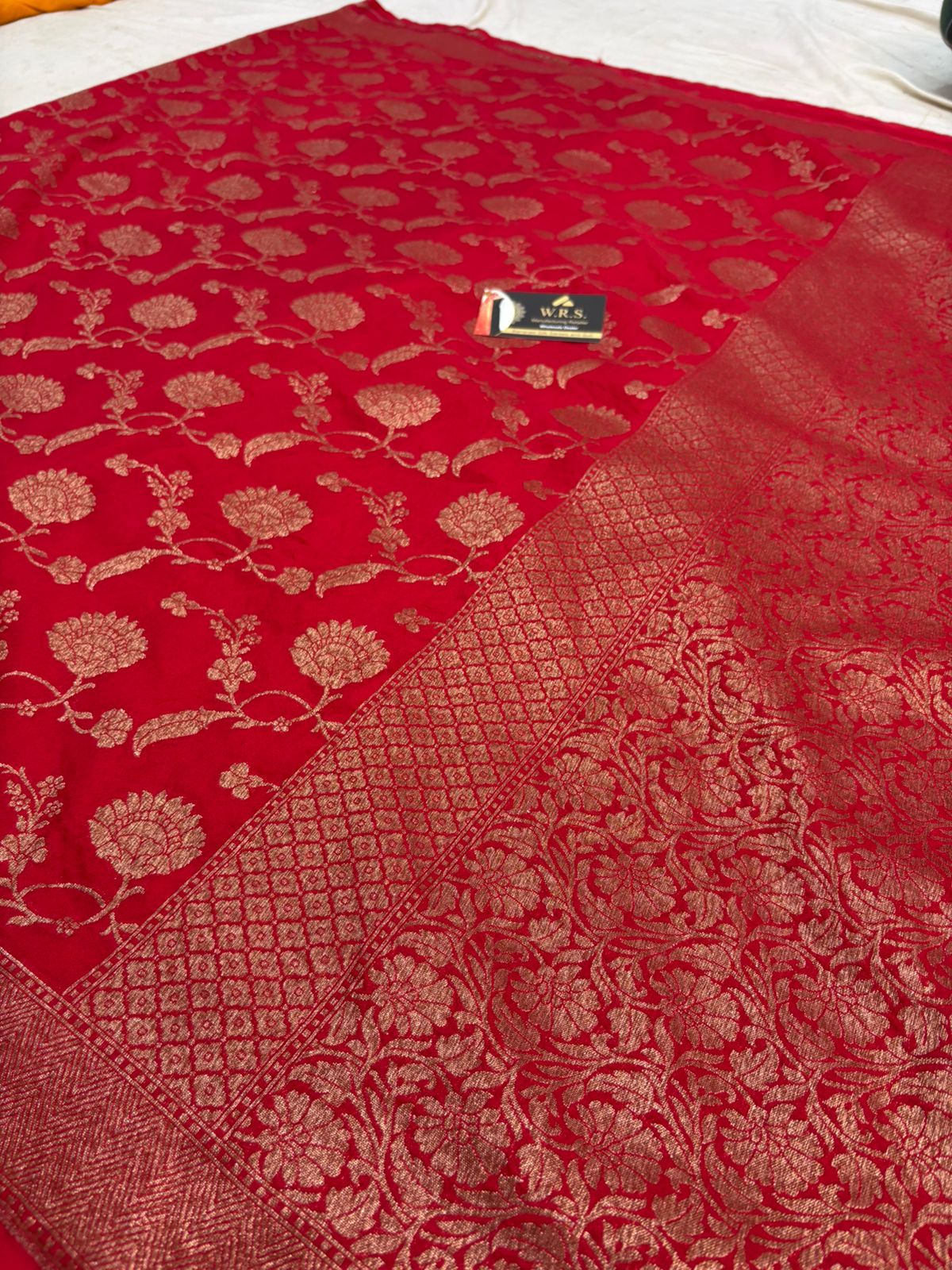 katan georgatte  saree entiq zari color red