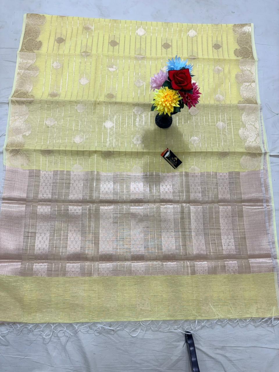 Lemon linen pattidar buta banarasi silk saree