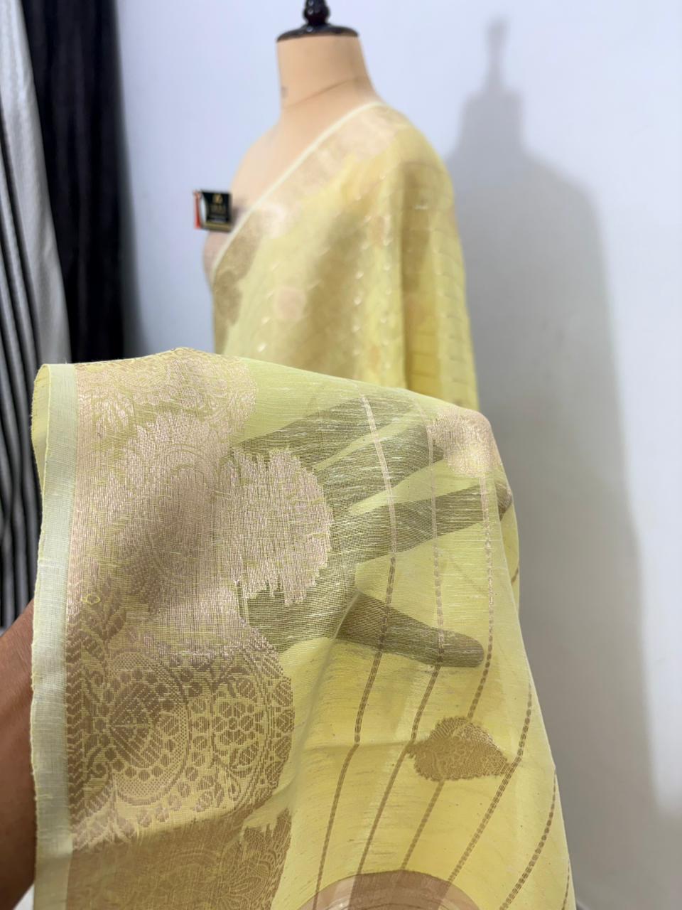 Lemon linen pattidar buta banarasi silk saree