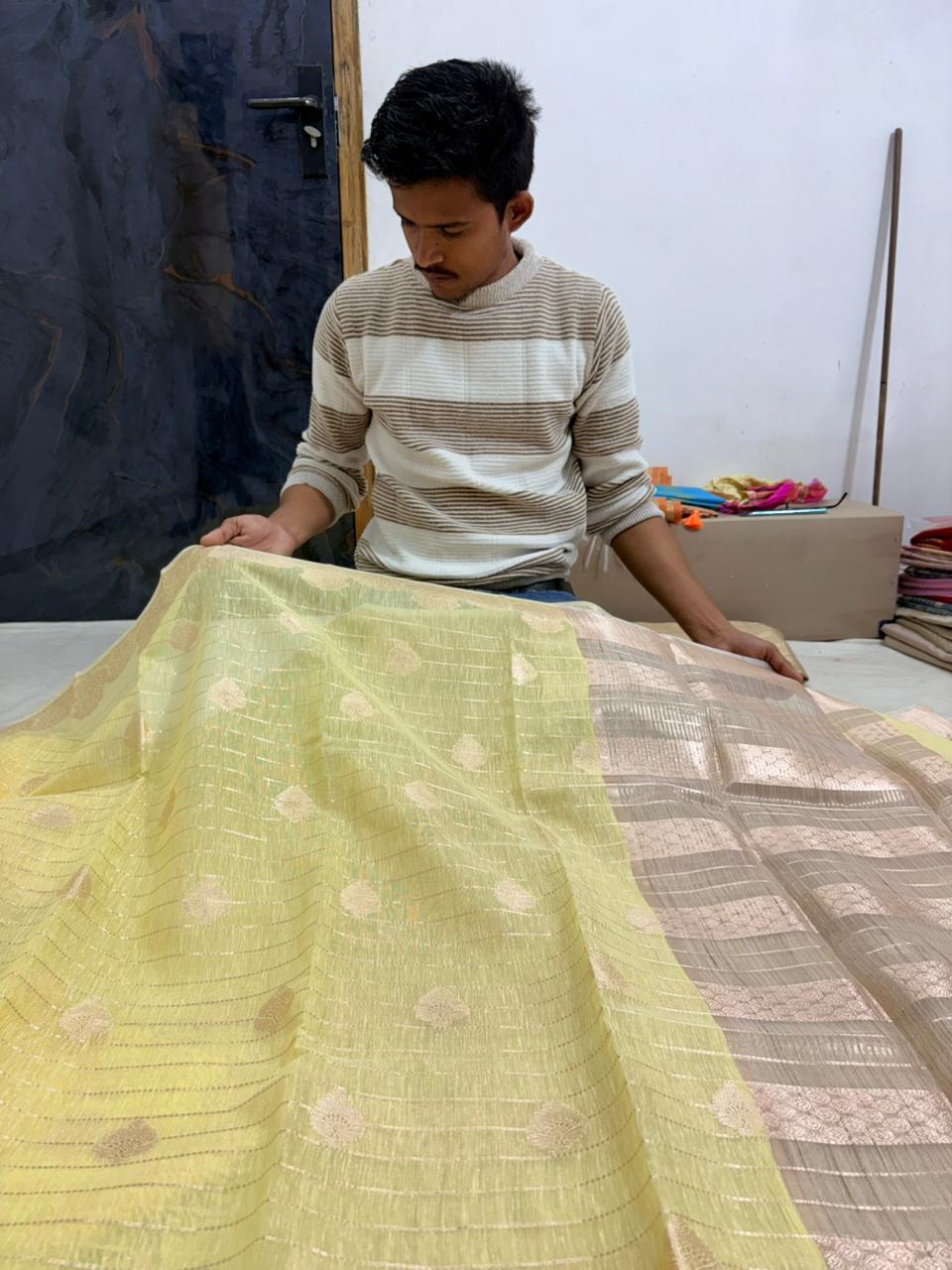 Lemon linen pattidar buta banarasi silk saree