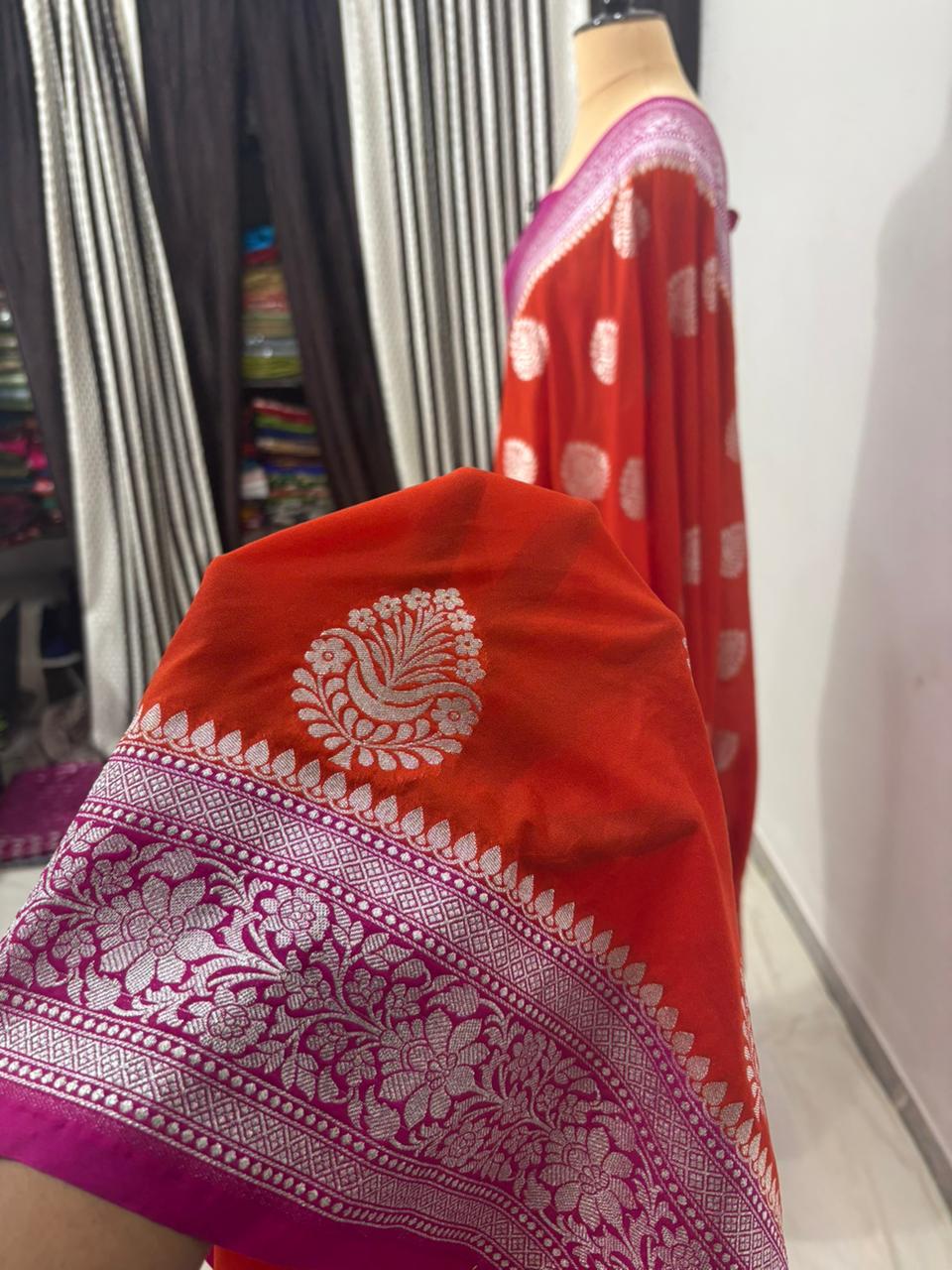 magenta orange katan georgutte boota saree