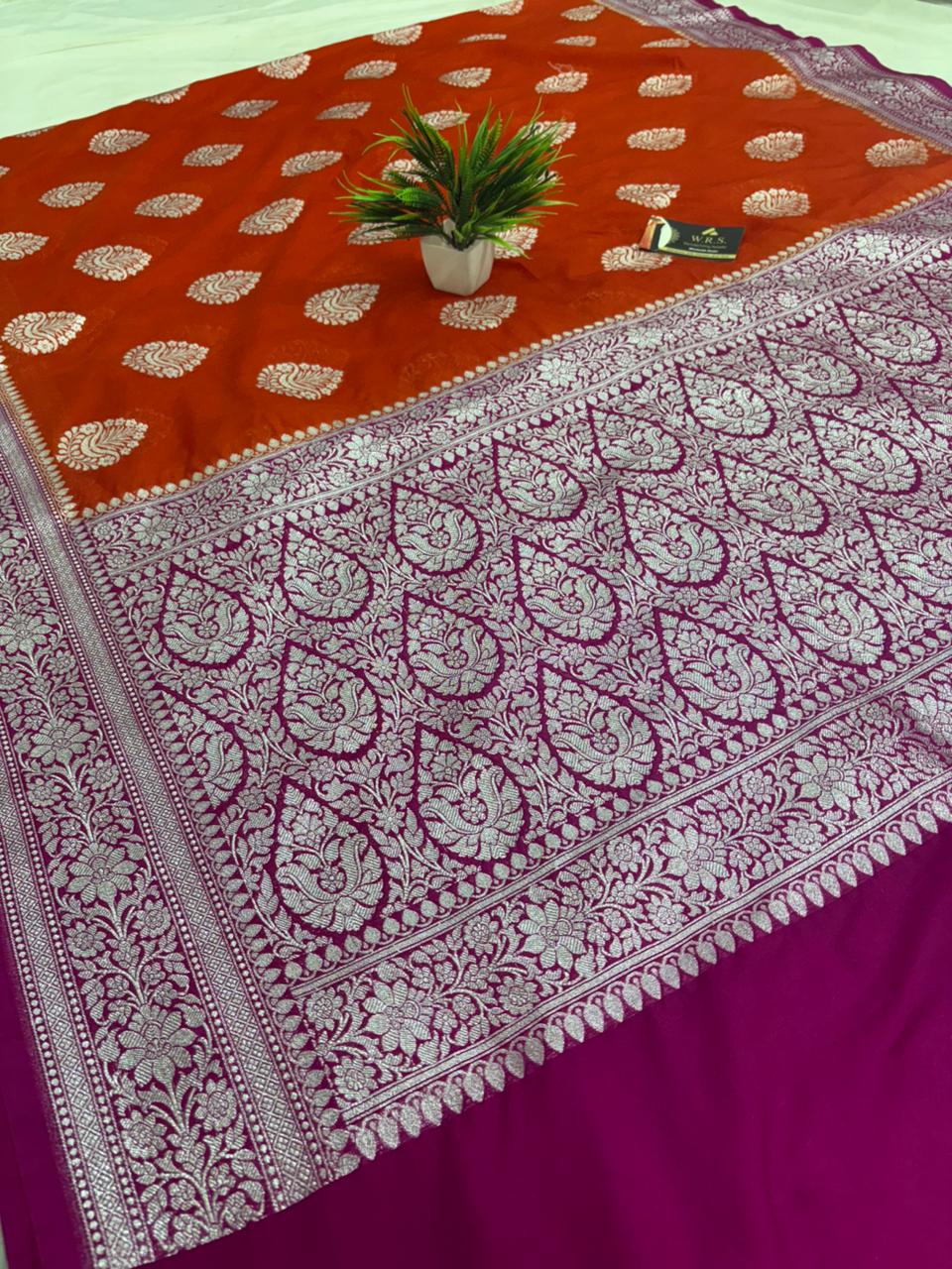 magenta orange katan georgutte boota saree