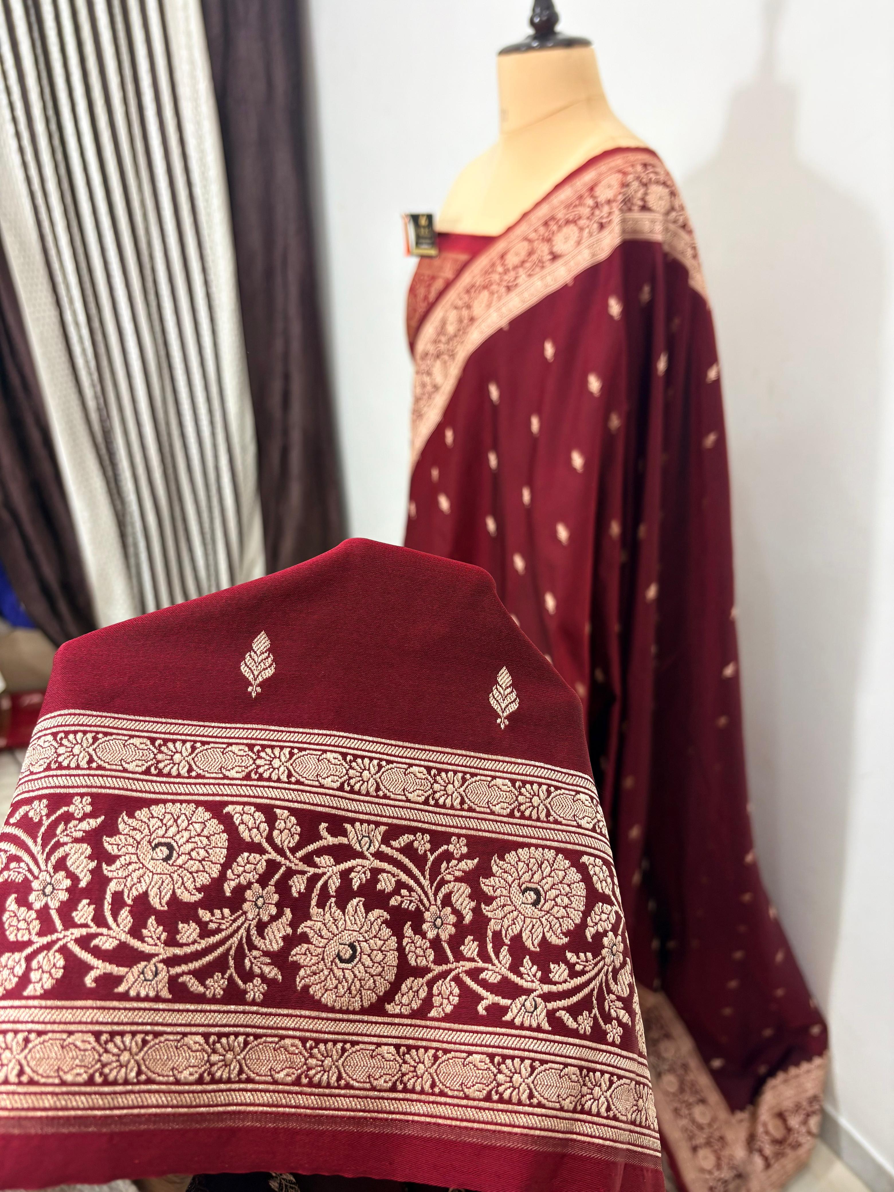 maroon katan buti banasasi silk saree