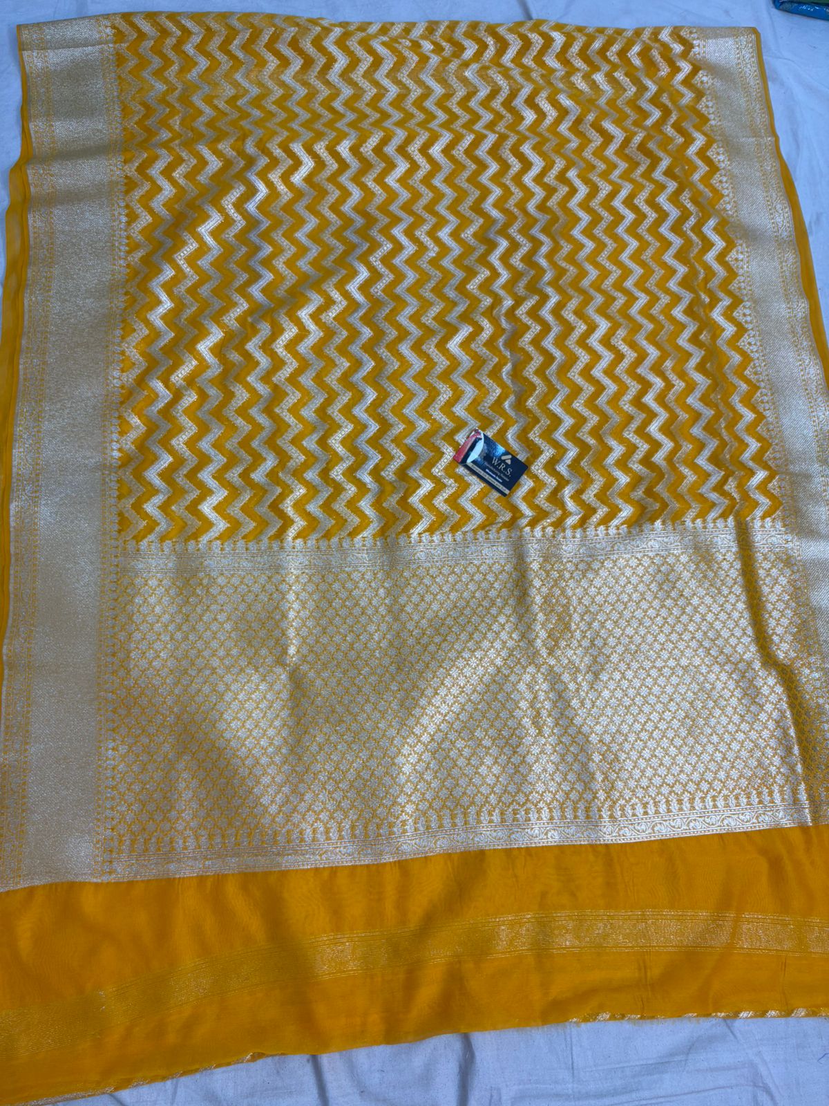 mustard katan banarasi silk saree silver