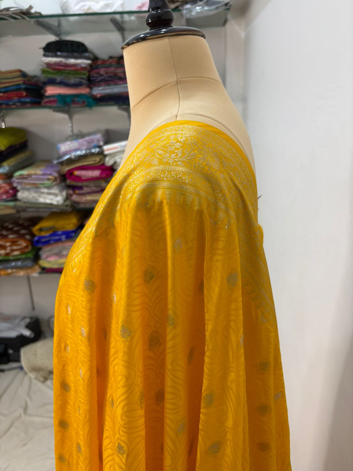 mustard tussar banarasi silk saree water gold zari