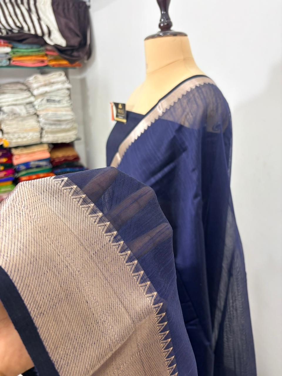 Navy blue cotton banarasi silk saree