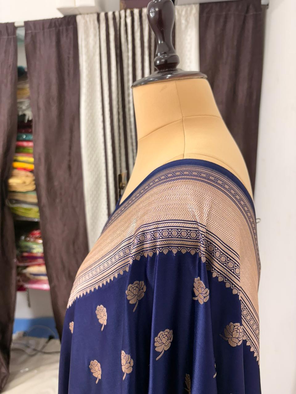 navy blue mushru banarasi silk saree