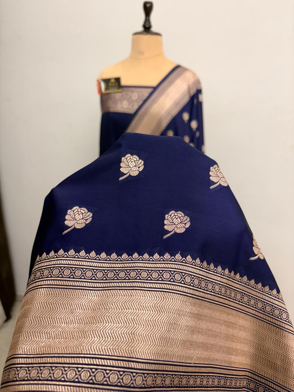navy blue mushru banarasi silk saree