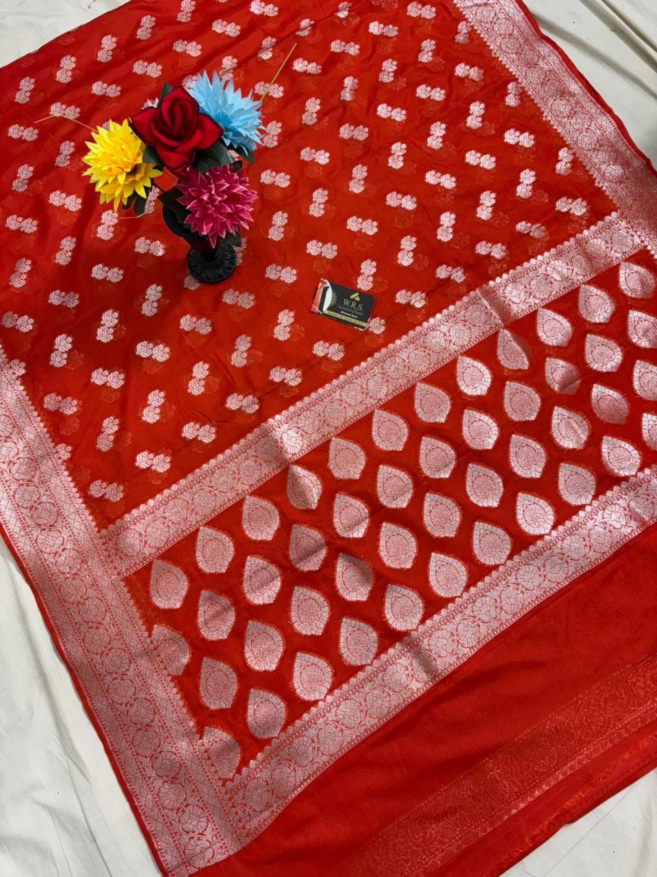 orange 2x2x booti katan georgette banarasi silk saree