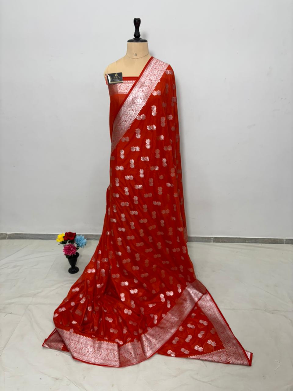 orange 2x2x booti katan georgette banarasi silk saree