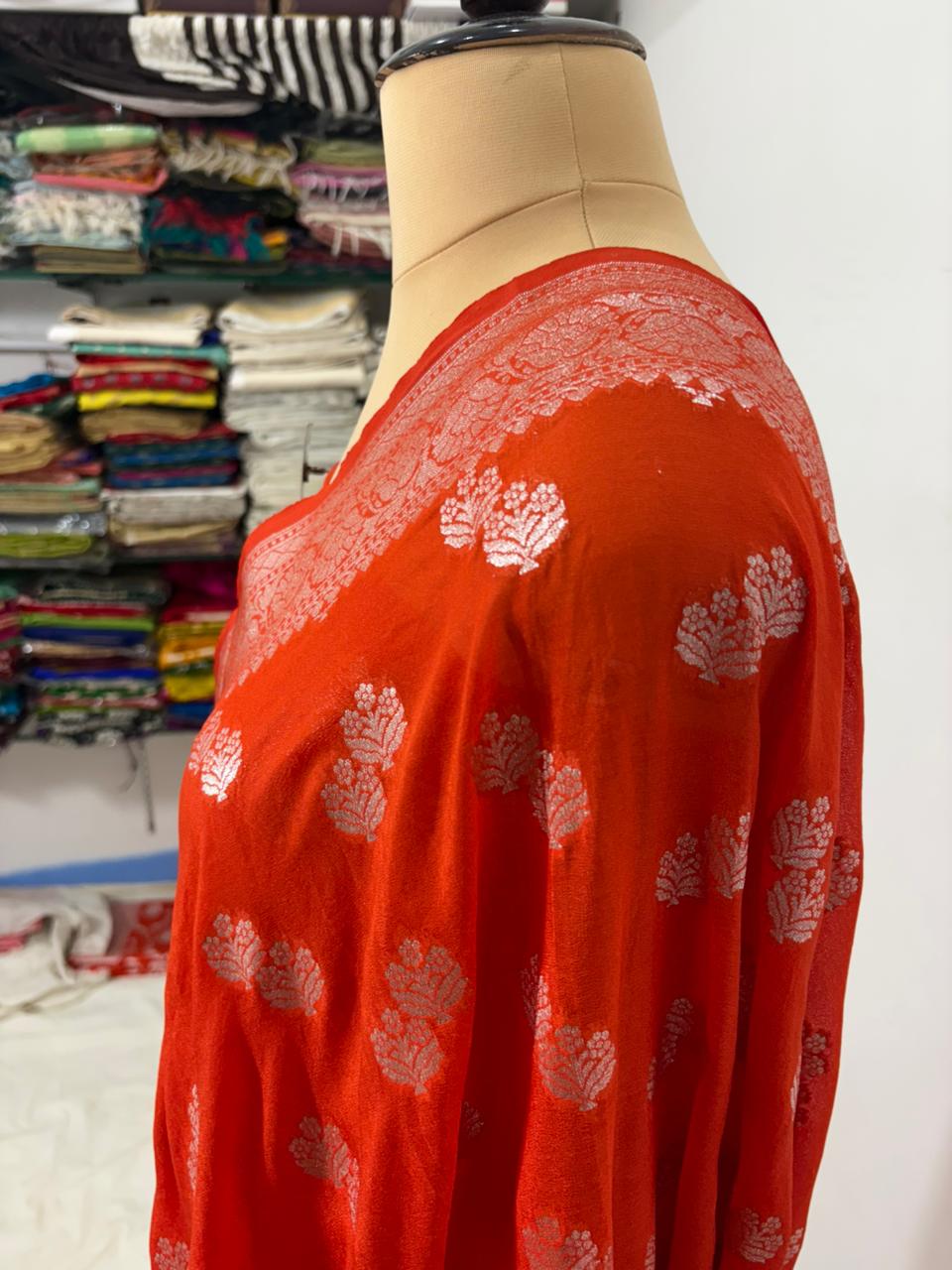 orange 2x2x booti katan georgette banarasi silk saree