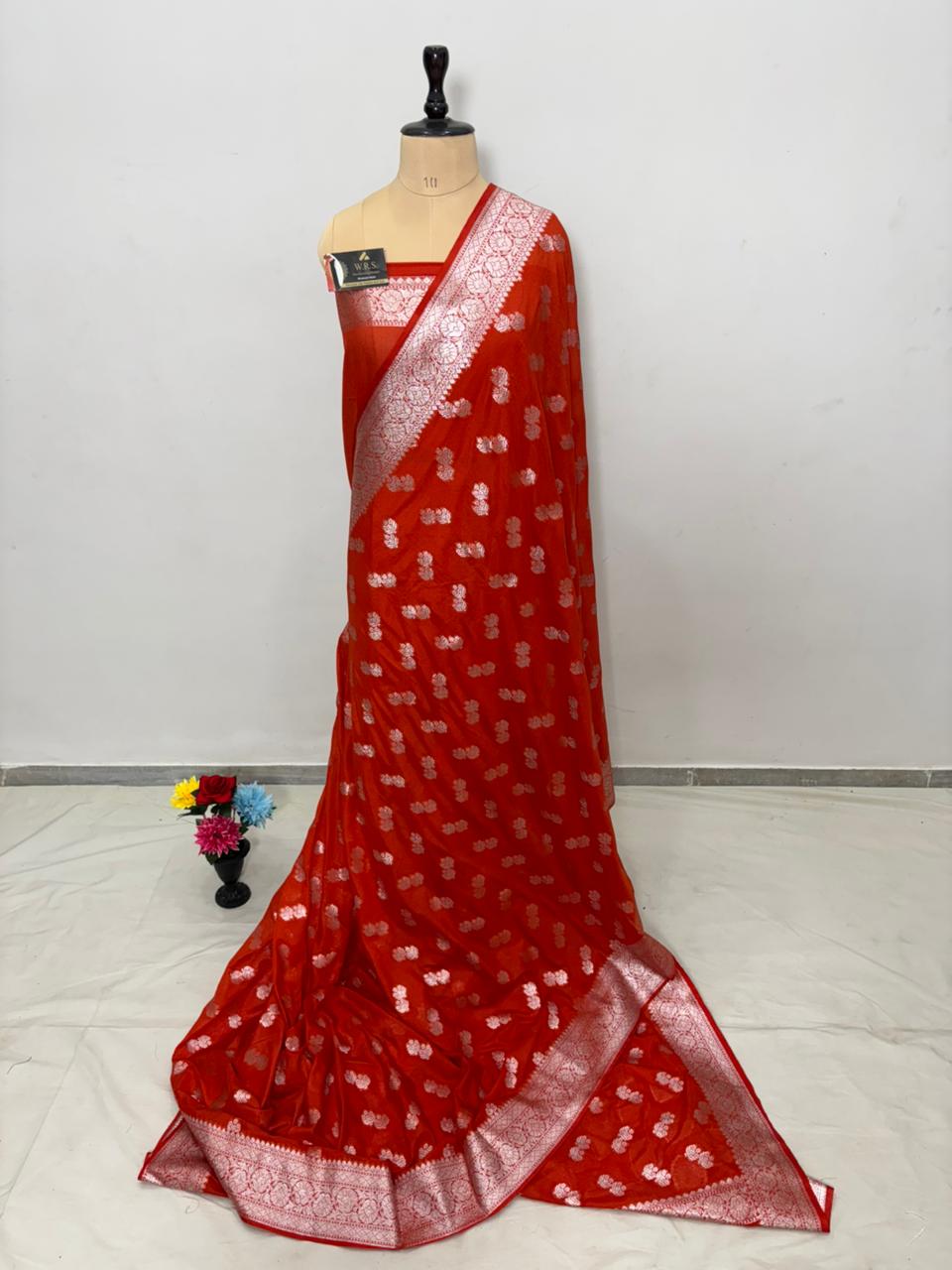 orange 2x2x booti katan georgette banarasi silk saree