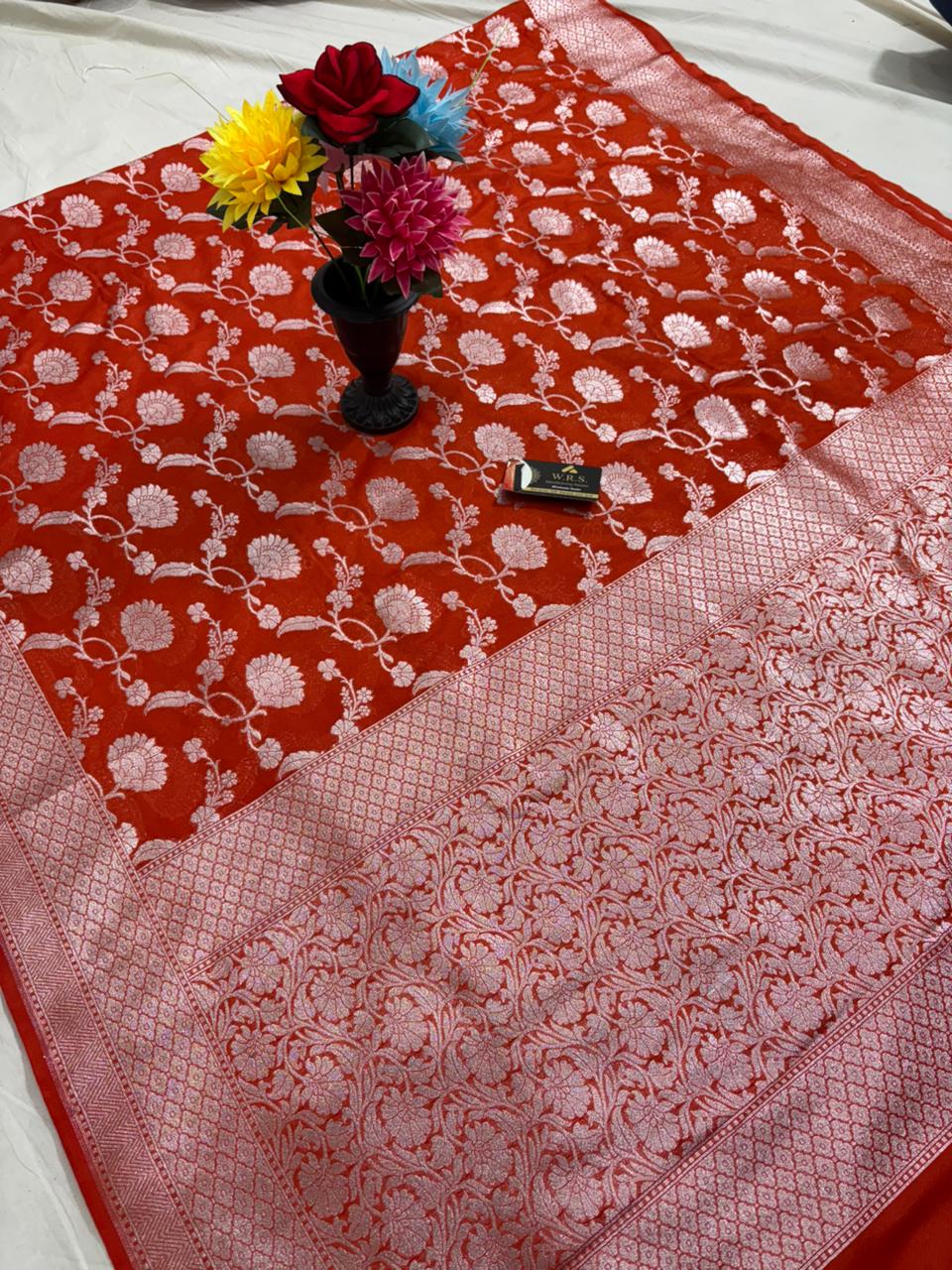 orange  jal katan georgette saree