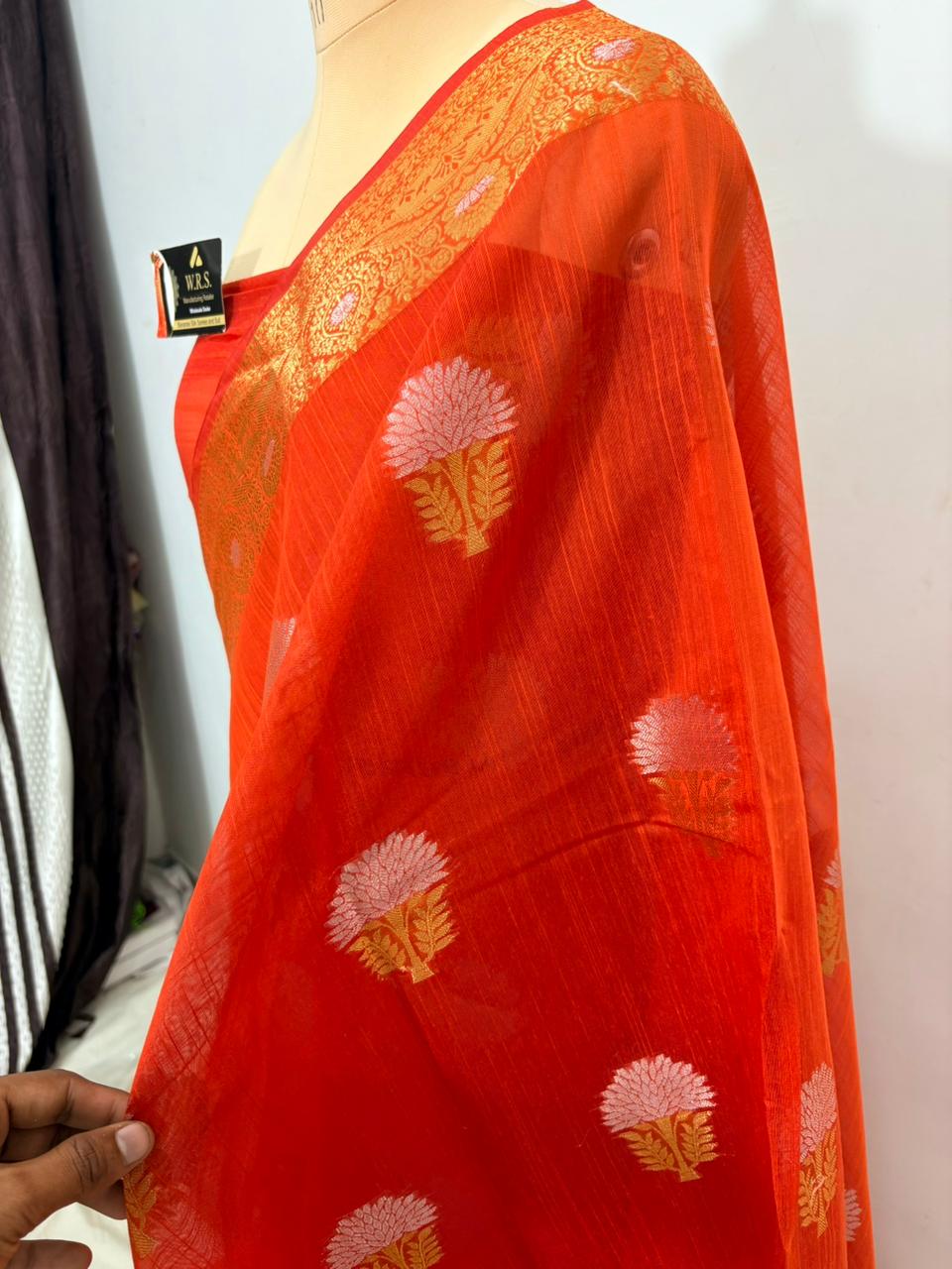 orange salab mine dar buta banarasi silk saree