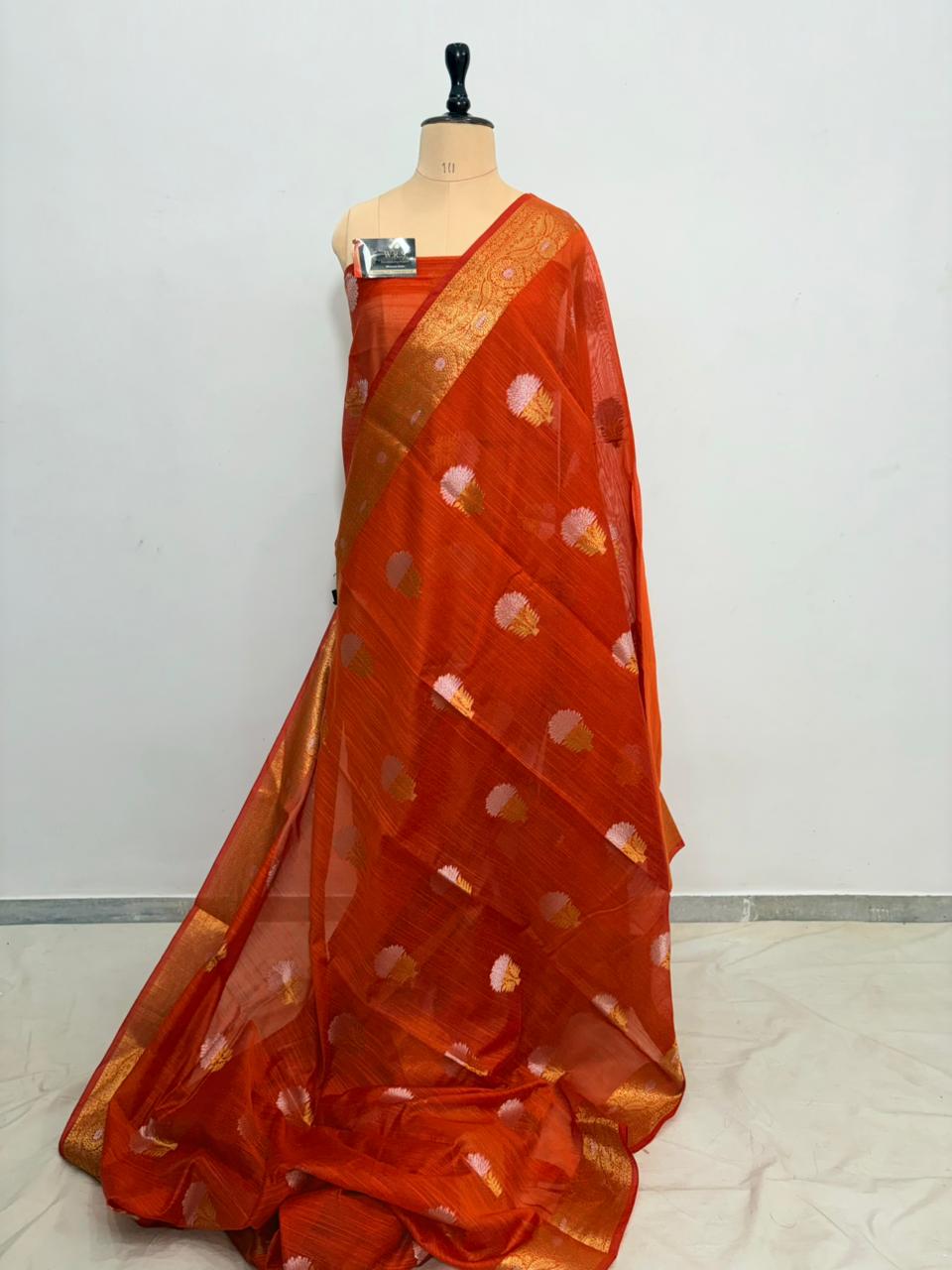 orange salab mine dar buta banarasi silk saree