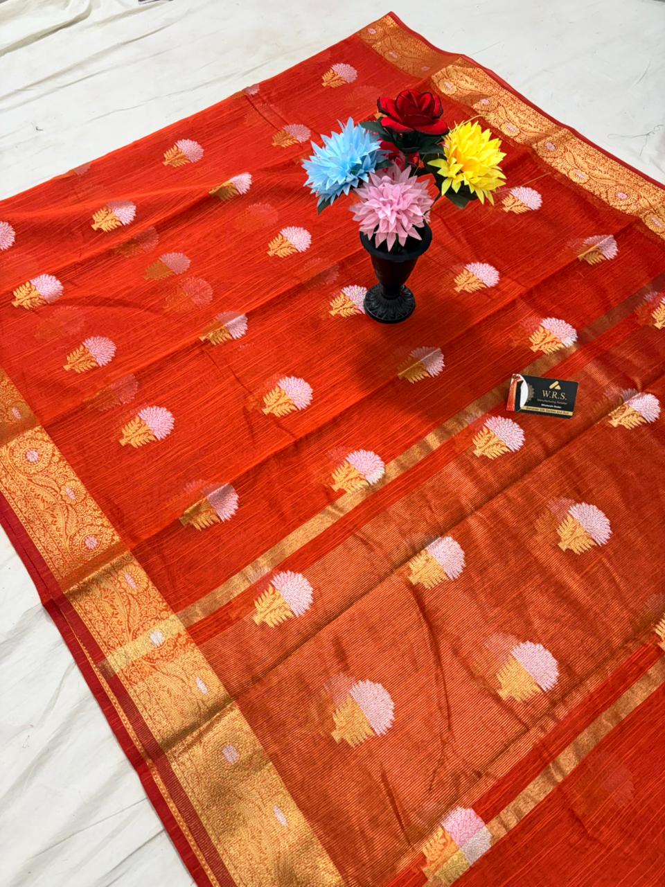 orange salab mine dar buta banarasi silk saree