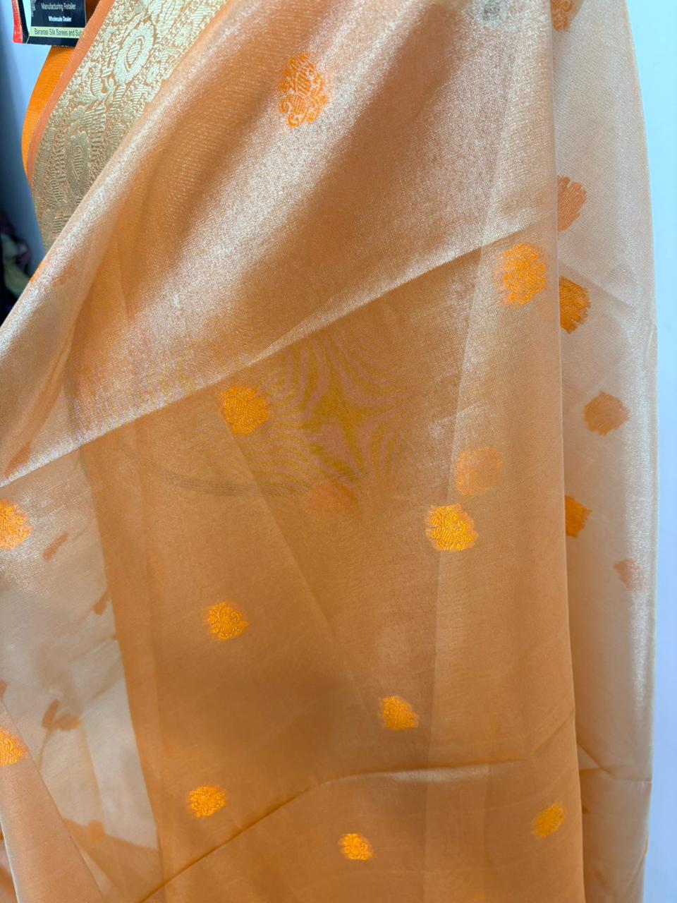 orange tissue minedar banarasi silk saree