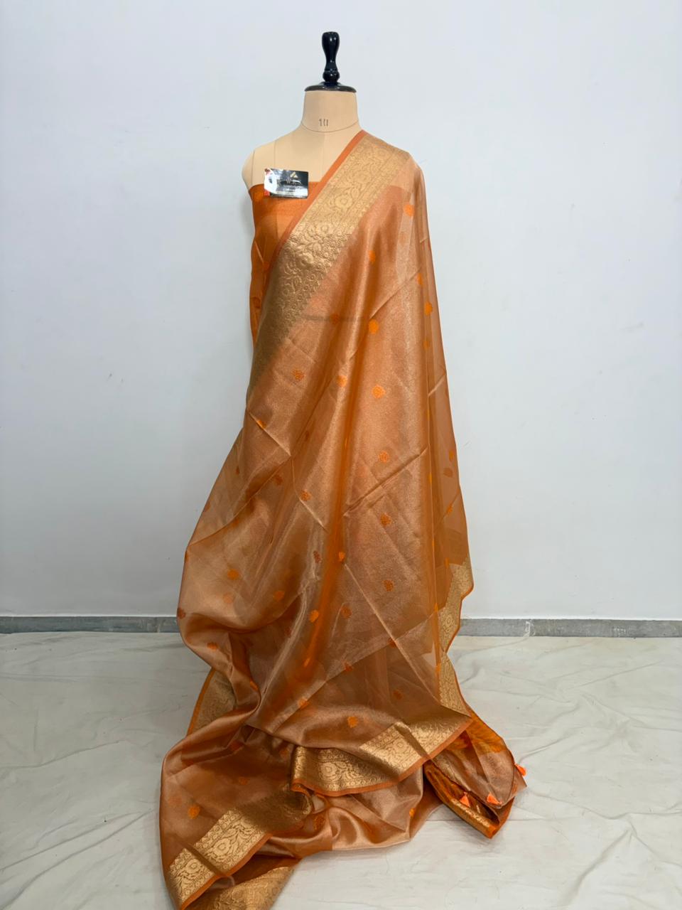 orange tissue minedar banarasi silk saree