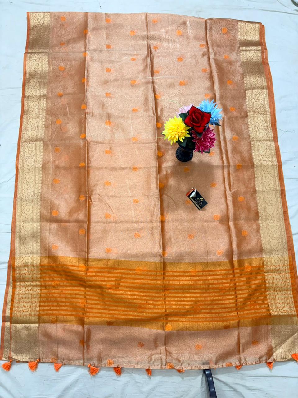 orange tissue minedar banarasi silk saree